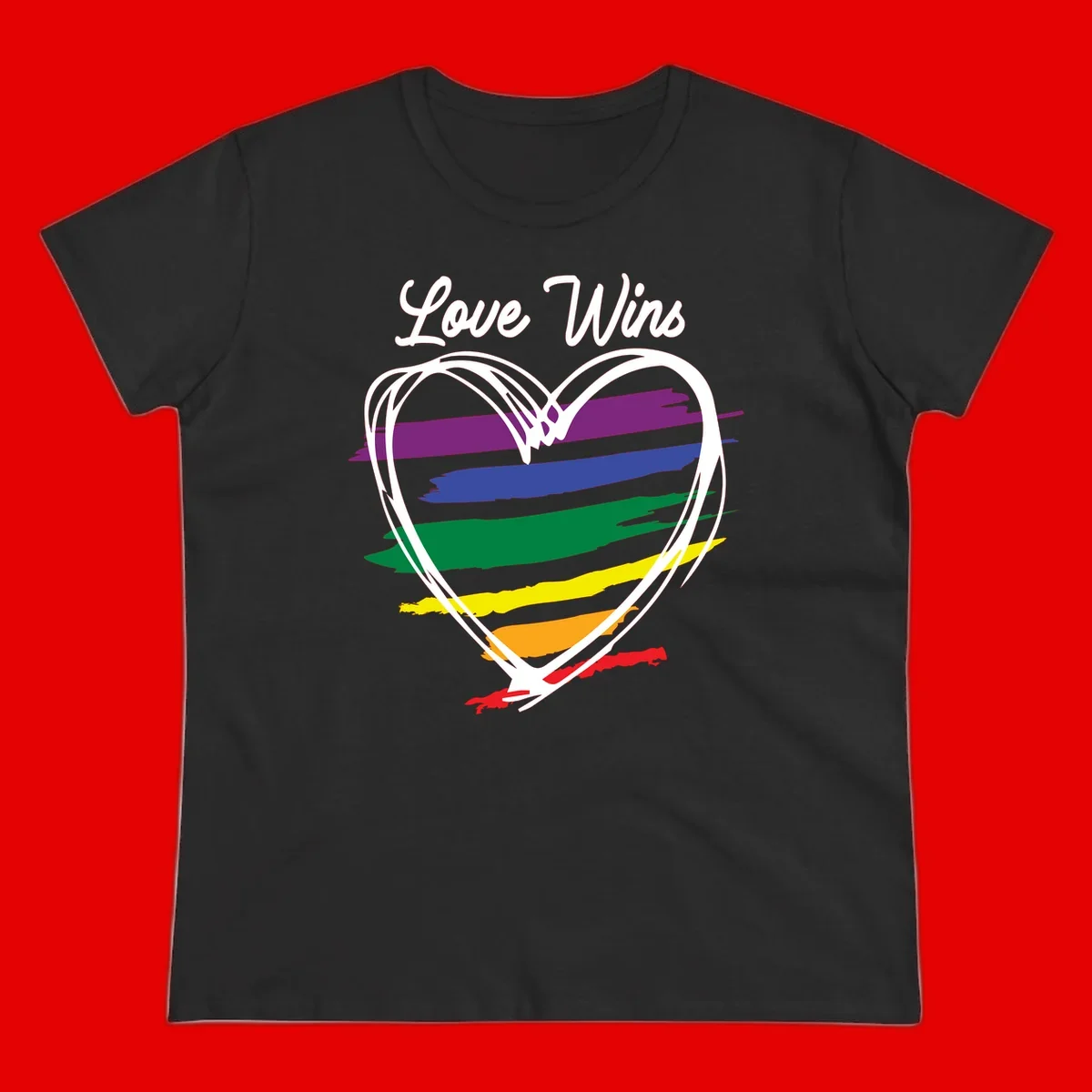 Hand-drawn white heart outline filled with rainbow horizontal stripes in purple, blue, green, yellow, orange, and red with 'Love Wins' text above