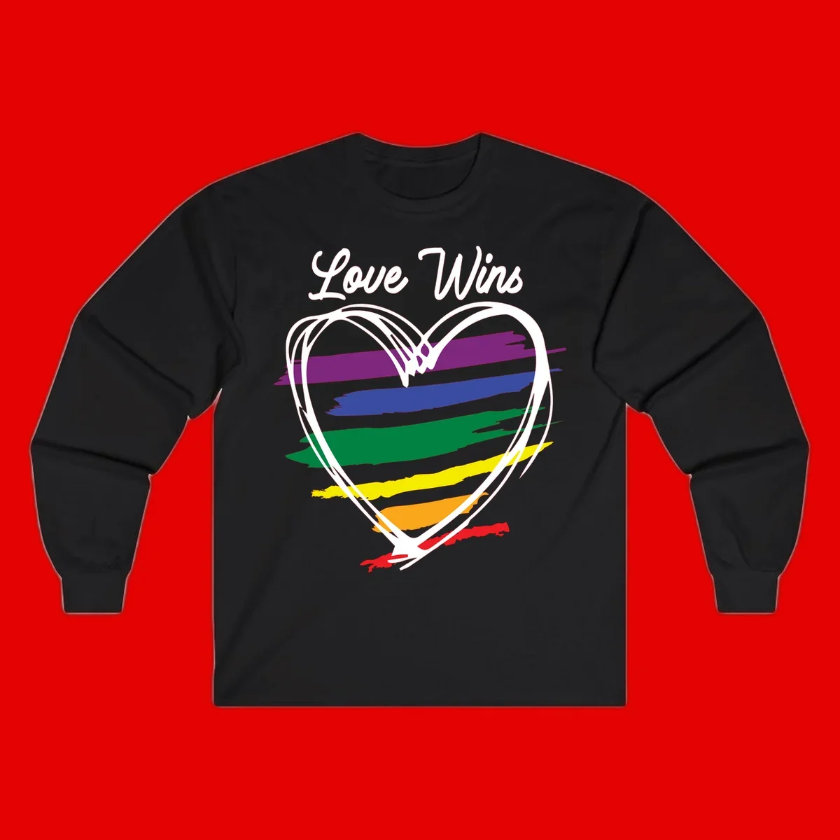 Hand-drawn white heart outline filled with rainbow horizontal stripes in purple, blue, green, yellow, orange, and red with 'Love Wins' text above