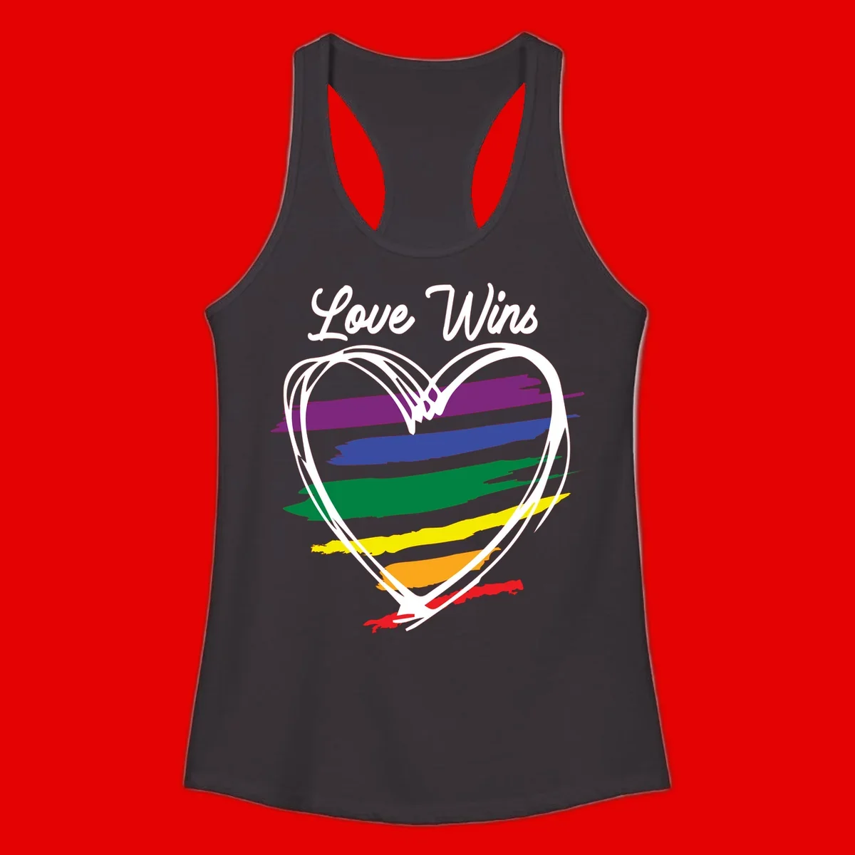 Hand-drawn white heart outline filled with rainbow horizontal stripes in purple, blue, green, yellow, orange, and red with 'Love Wins' text above