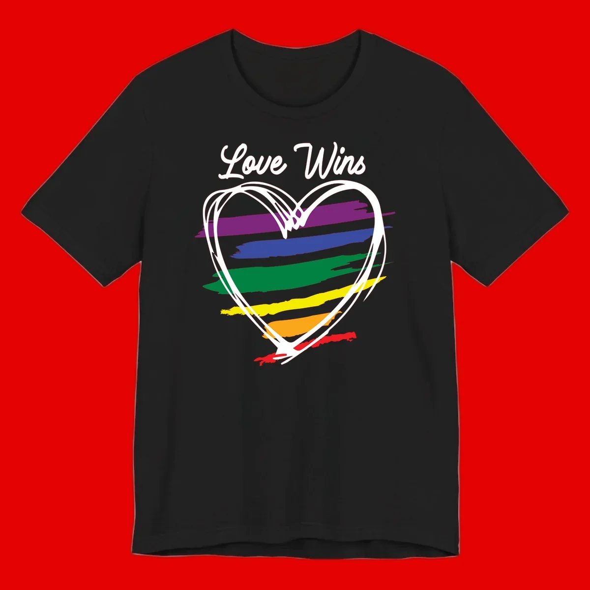 Hand-drawn white heart outline filled with rainbow horizontal stripes in purple, blue, green, yellow, orange, and red with 'Love Wins' text above