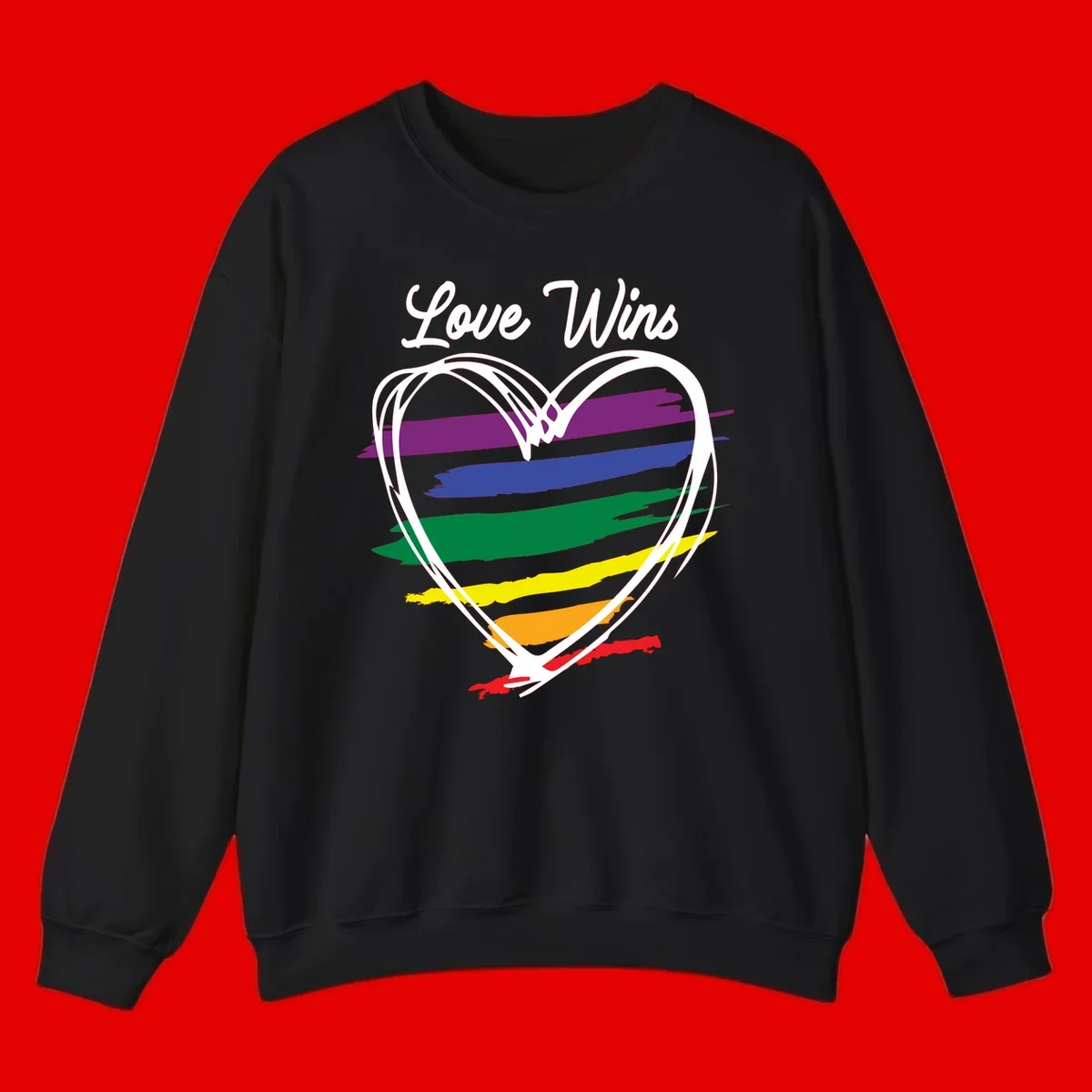 Hand-drawn white heart outline filled with rainbow horizontal stripes in purple, blue, green, yellow, orange, and red with 'Love Wins' text above