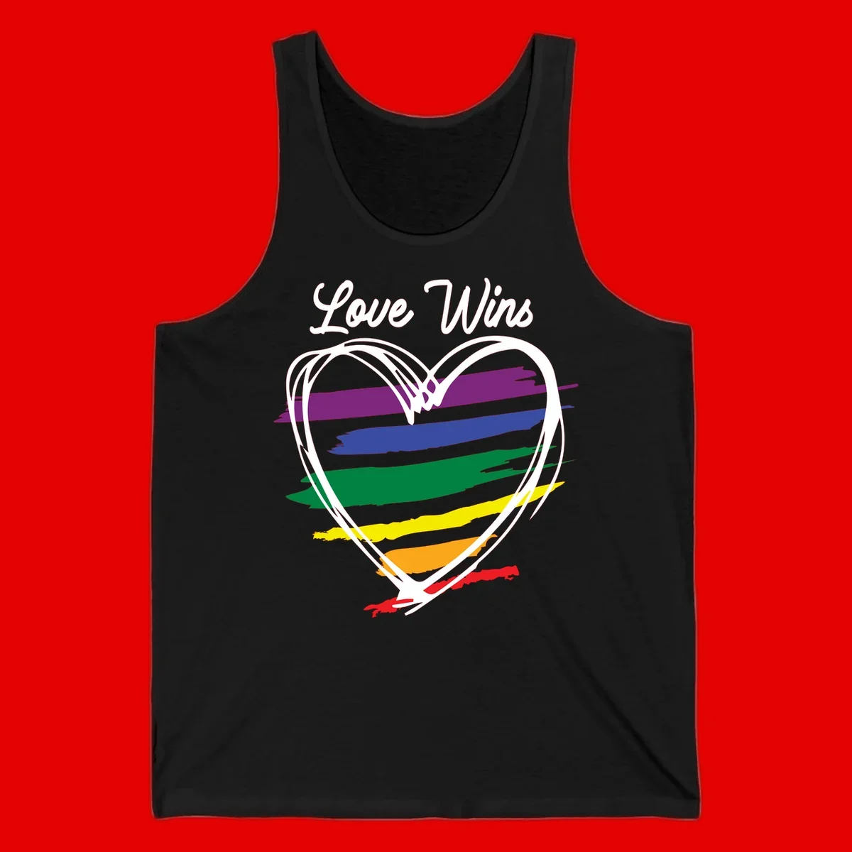 Hand-drawn white heart outline filled with rainbow horizontal stripes in purple, blue, green, yellow, orange, and red with 'Love Wins' text above