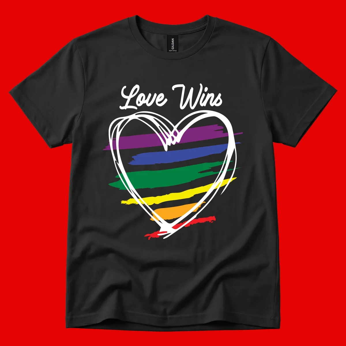 Hand-drawn white heart outline filled with rainbow horizontal stripes in purple, blue, green, yellow, orange, and red with 'Love Wins' text above