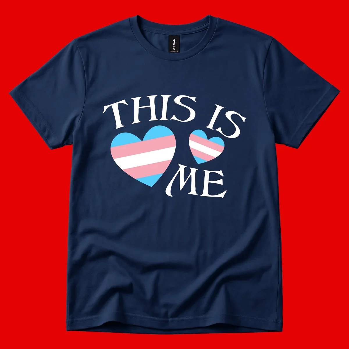 Two striped hearts in trans flag colors (blue, pink, white) with 'THIS IS ME' text celebrating trans pride and identity