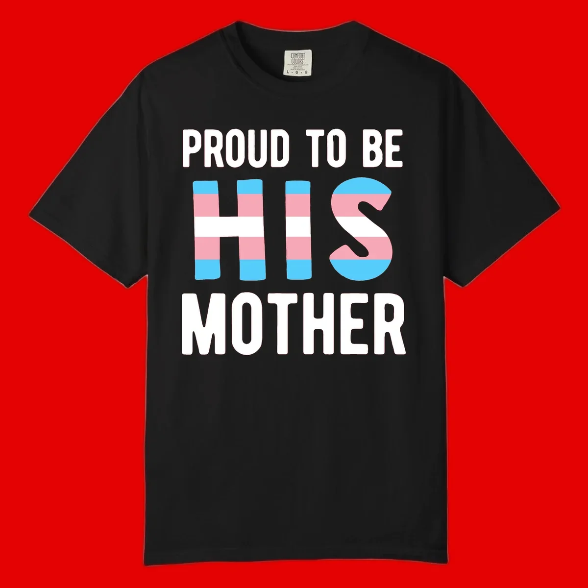 Proud trans mother design with blue, pink, and white striped cylinders and letter S featuring trans pride flag colors