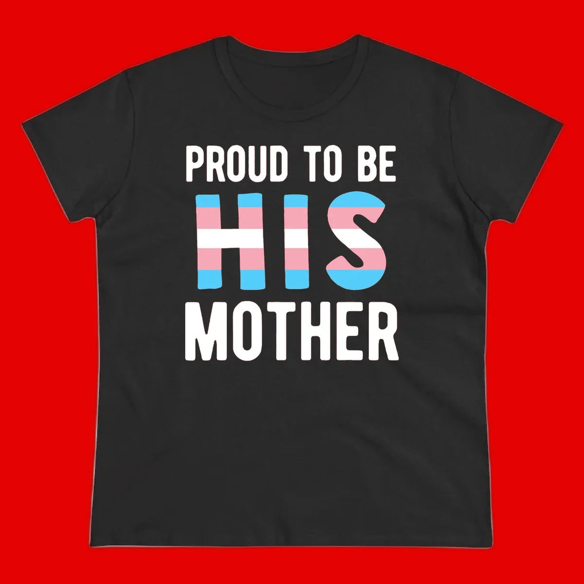 Proud trans mother design with blue, pink, and white striped cylinders and letter S featuring trans pride flag colors