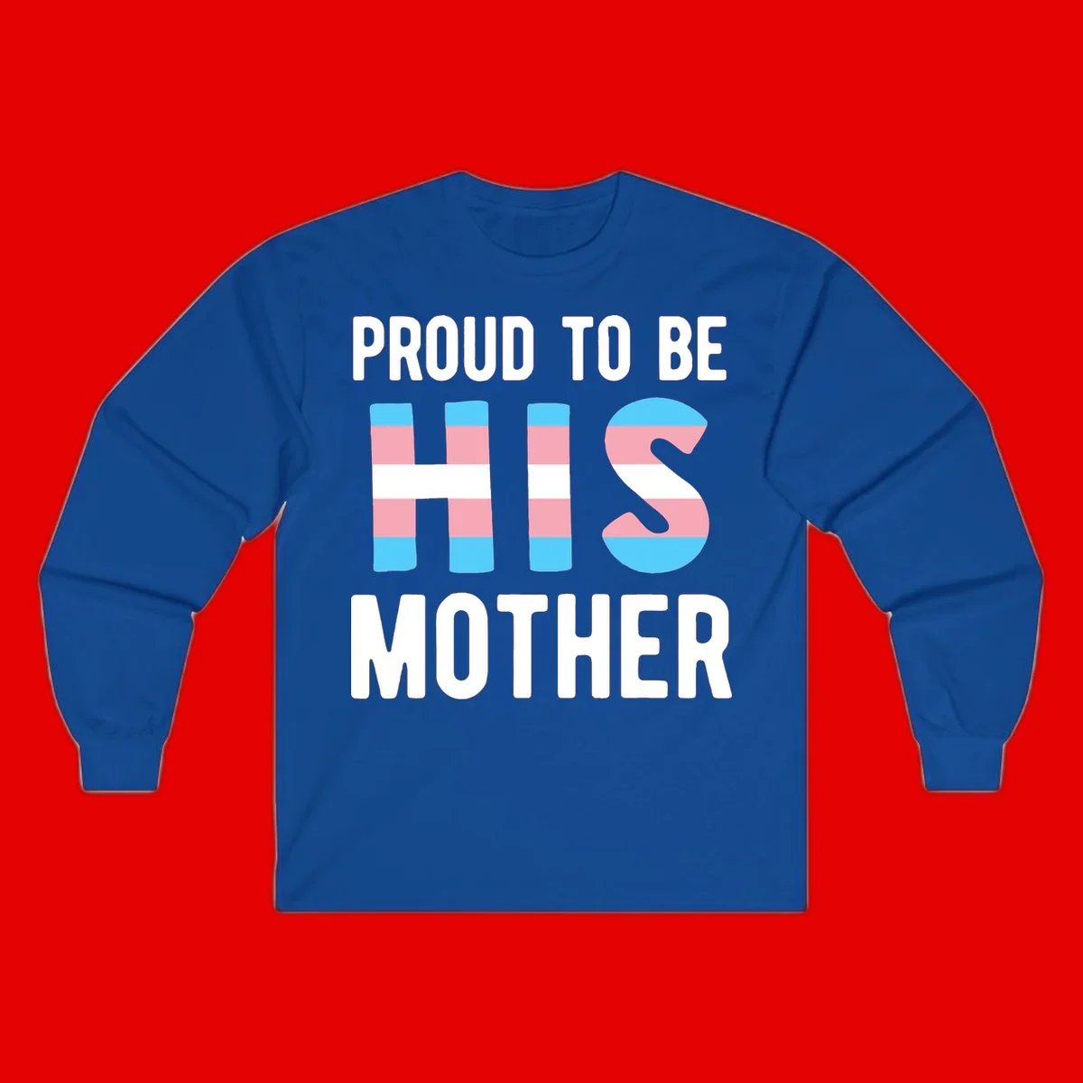 Proud trans mother design with blue, pink, and white striped cylinders and letter S featuring trans pride flag colors