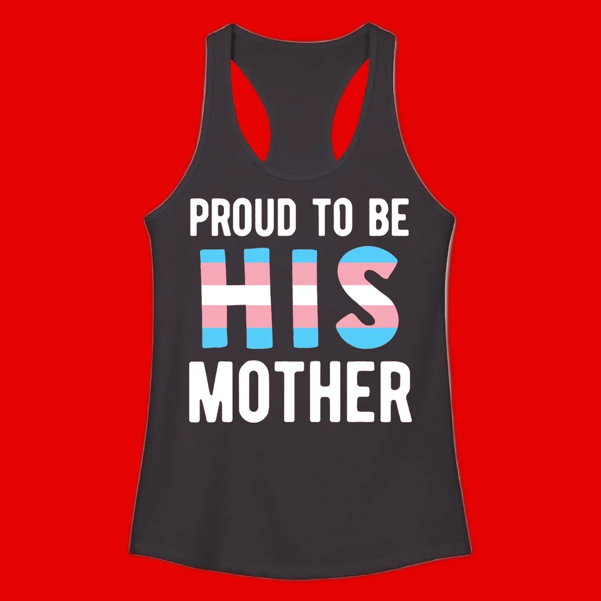 Proud trans mother design with blue, pink, and white striped cylinders and letter S featuring trans pride flag colors