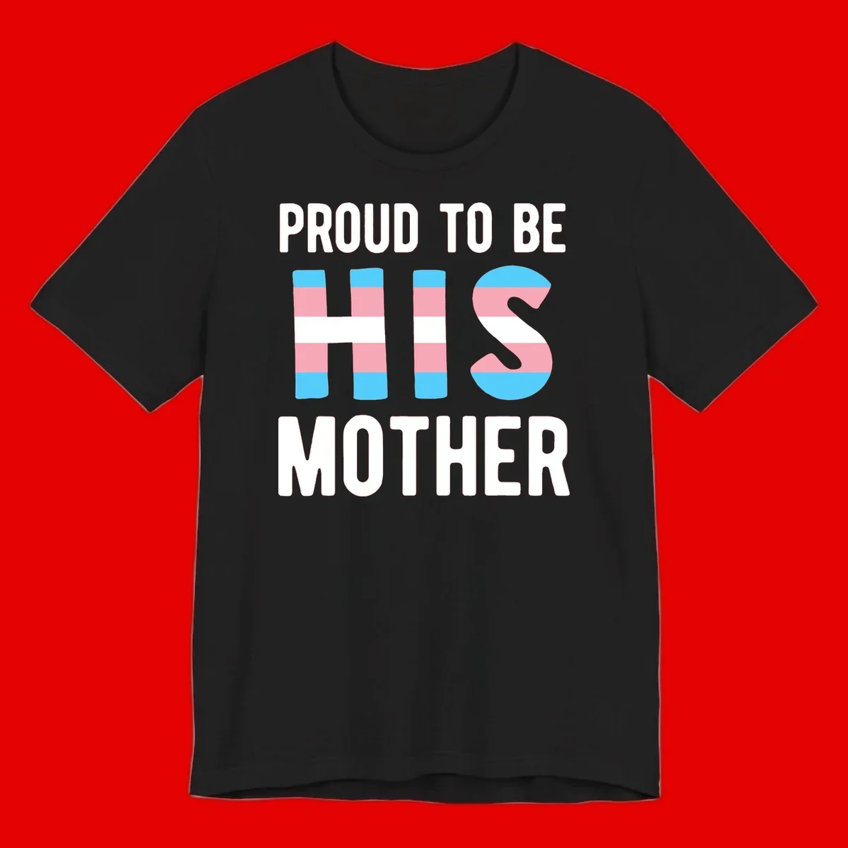 Proud trans mother design with blue, pink, and white striped cylinders and letter S featuring trans pride flag colors
