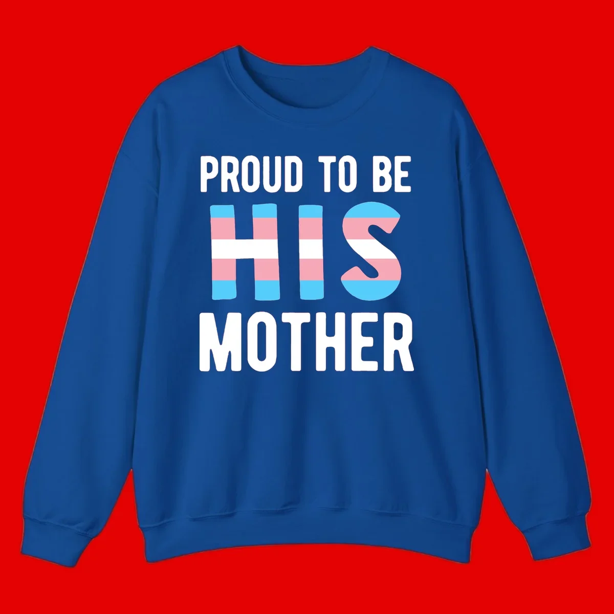 Proud trans mother design with blue, pink, and white striped cylinders and letter S featuring trans pride flag colors