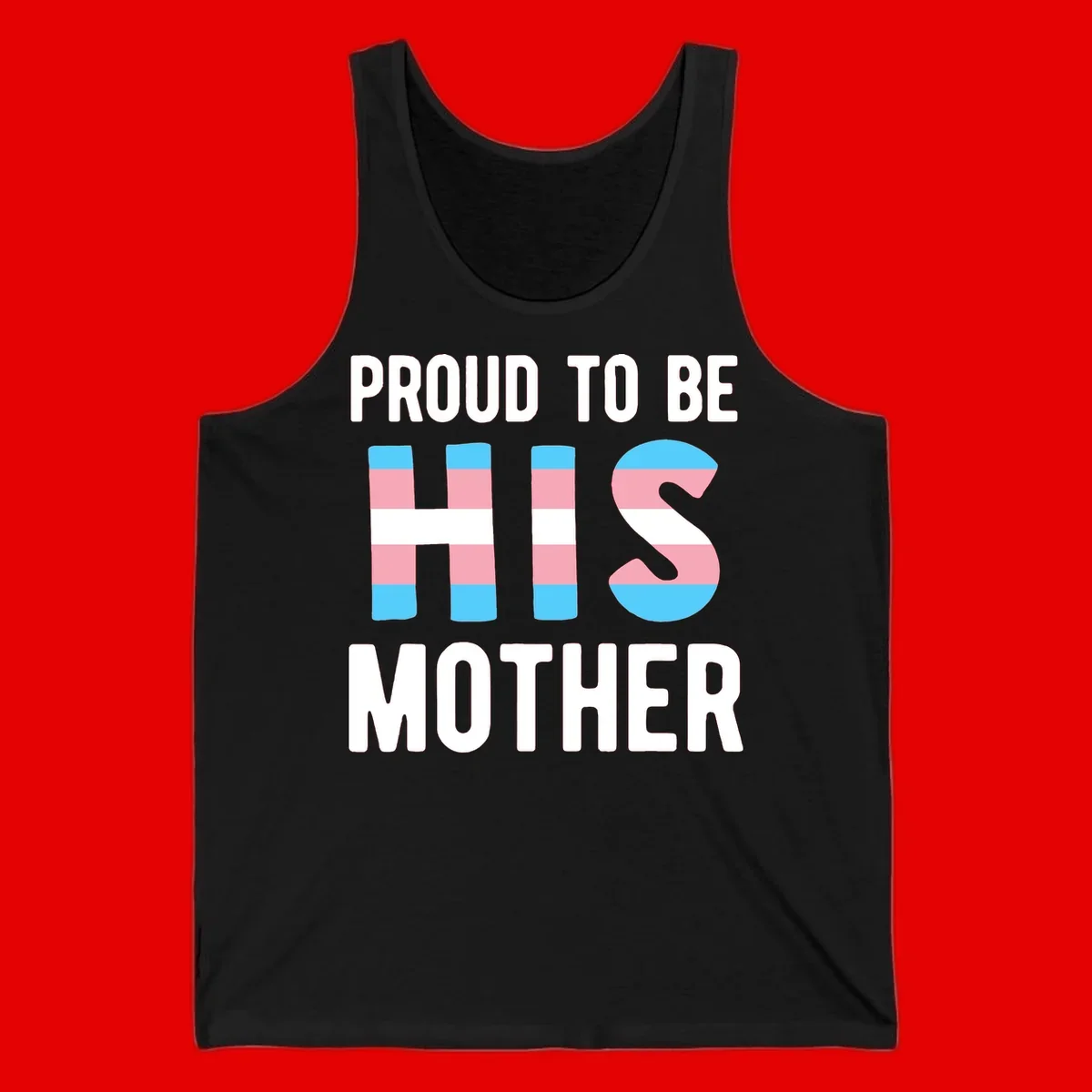 Proud trans mother design with blue, pink, and white striped cylinders and letter S featuring trans pride flag colors