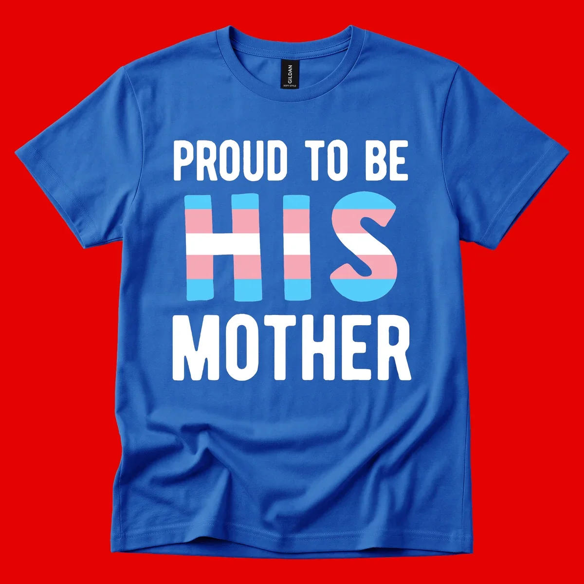 Proud trans mother design with blue, pink, and white striped cylinders and letter S featuring trans pride flag colors
