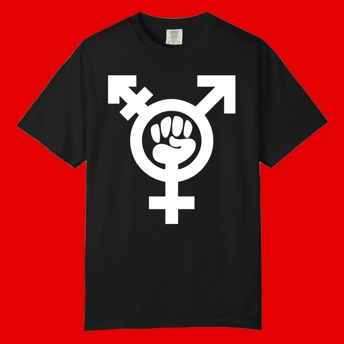 Feminist power fist design: white raised fist merged with female symbol inside circular badge on gray background