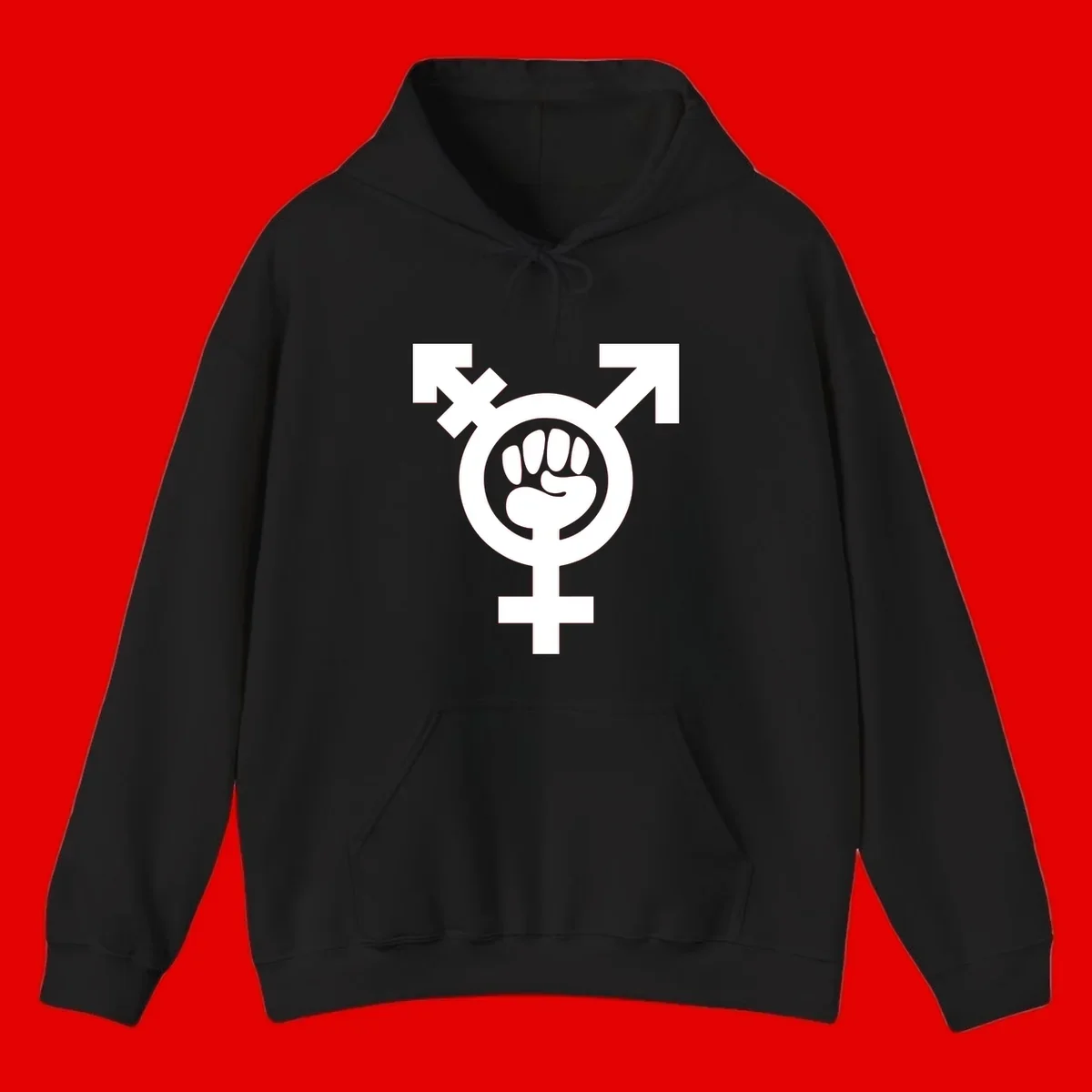 Feminist power fist design: white raised fist merged with female symbol inside circular badge on gray background