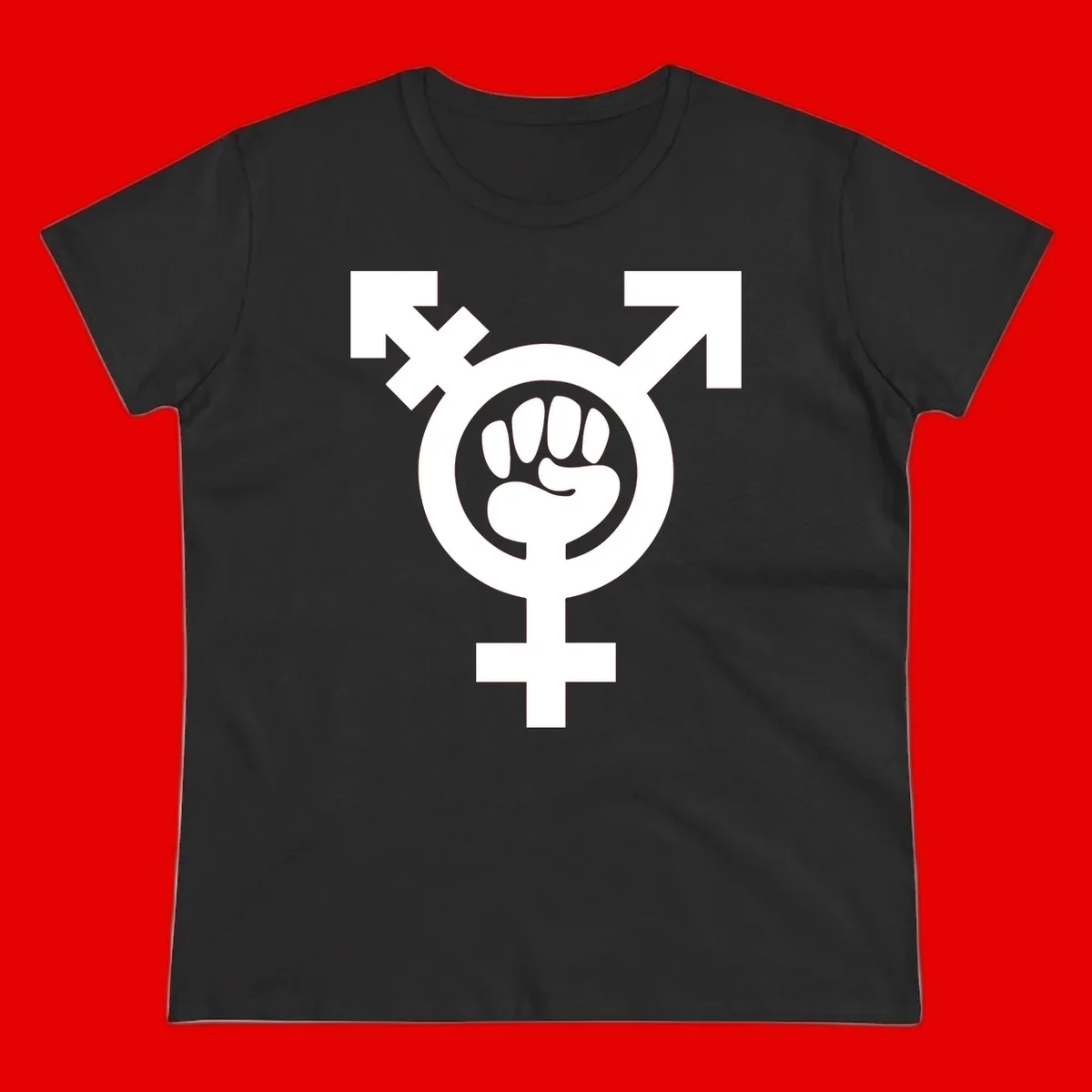 Feminist power fist design: white raised fist merged with female symbol inside circular badge on gray background
