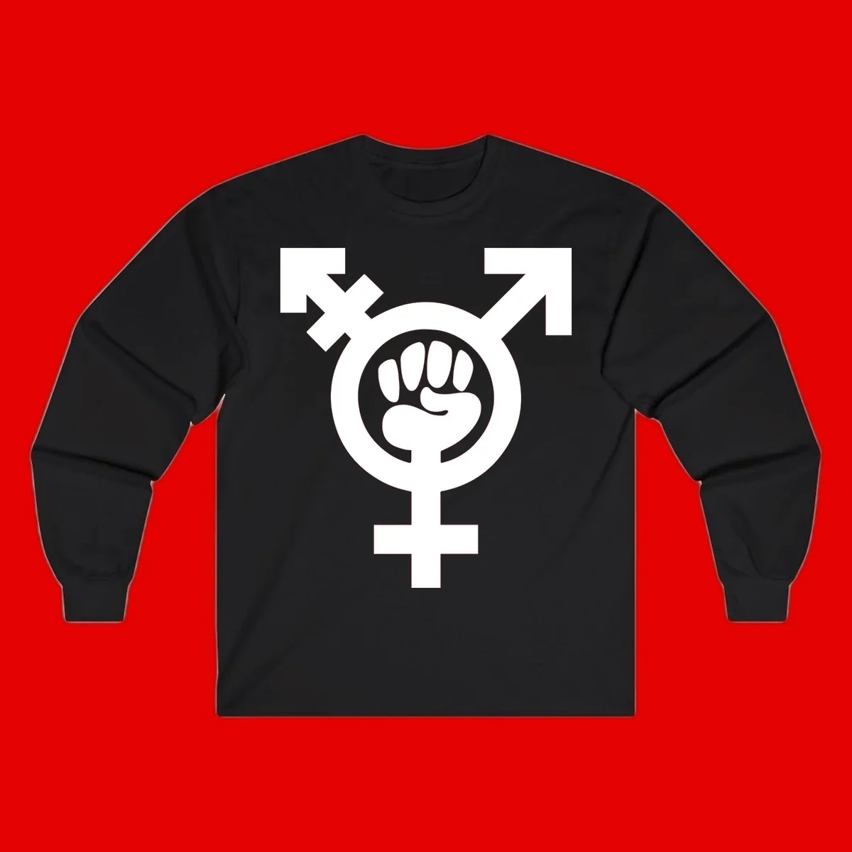Feminist power fist design: white raised fist merged with female symbol inside circular badge on gray background