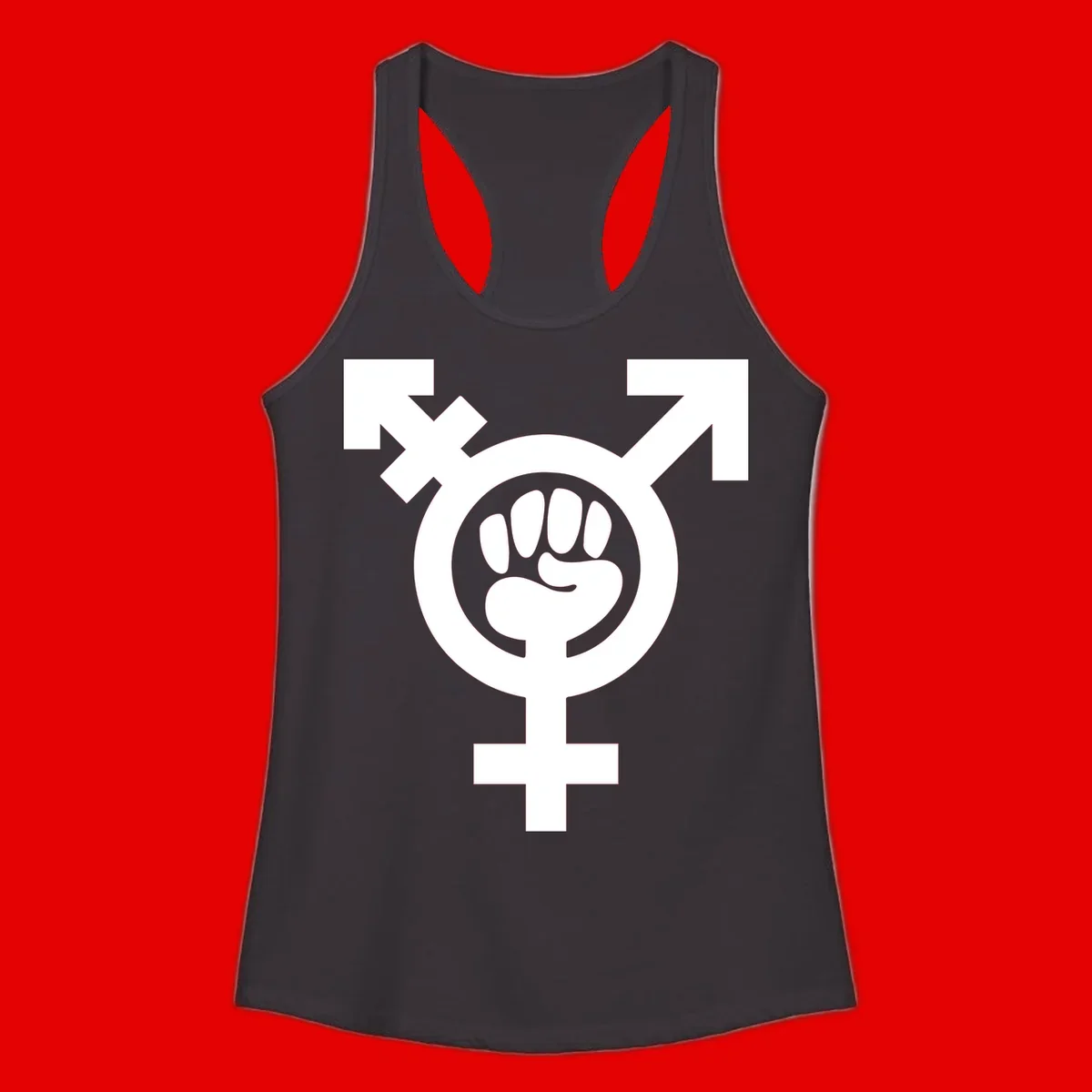 Feminist power fist design: white raised fist merged with female symbol inside circular badge on gray background