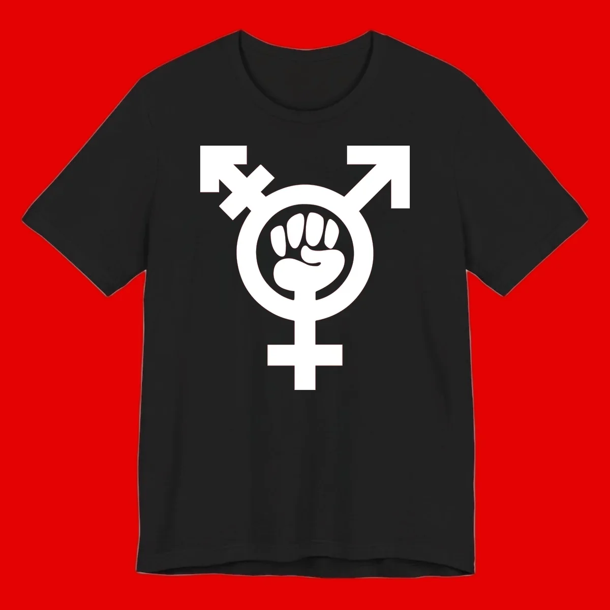 Feminist power fist design: white raised fist merged with female symbol inside circular badge on gray background