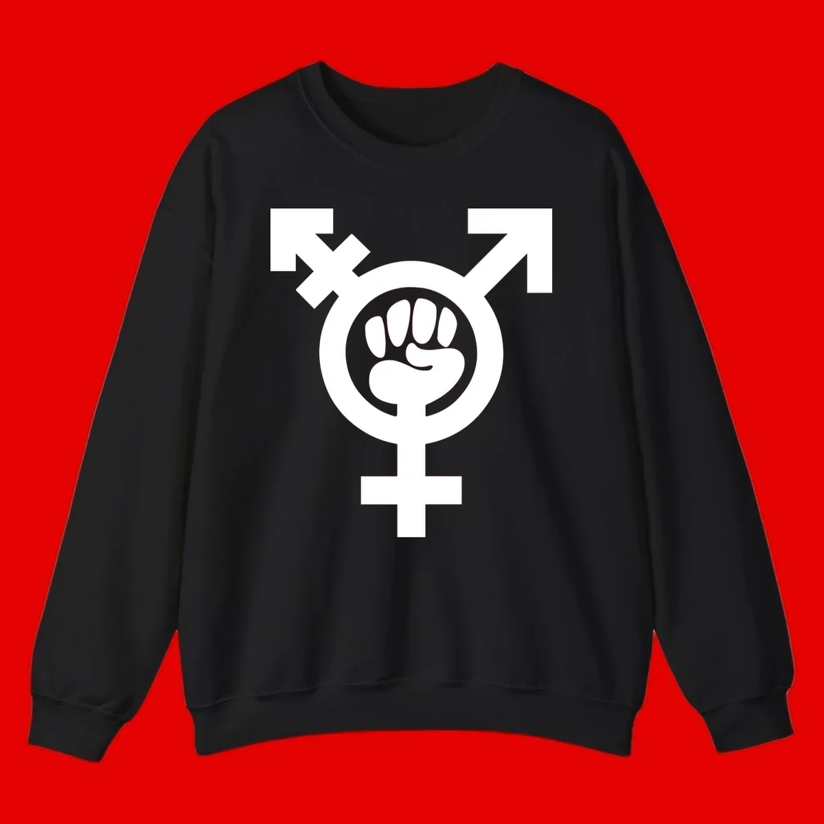 Feminist power fist design: white raised fist merged with female symbol inside circular badge on gray background