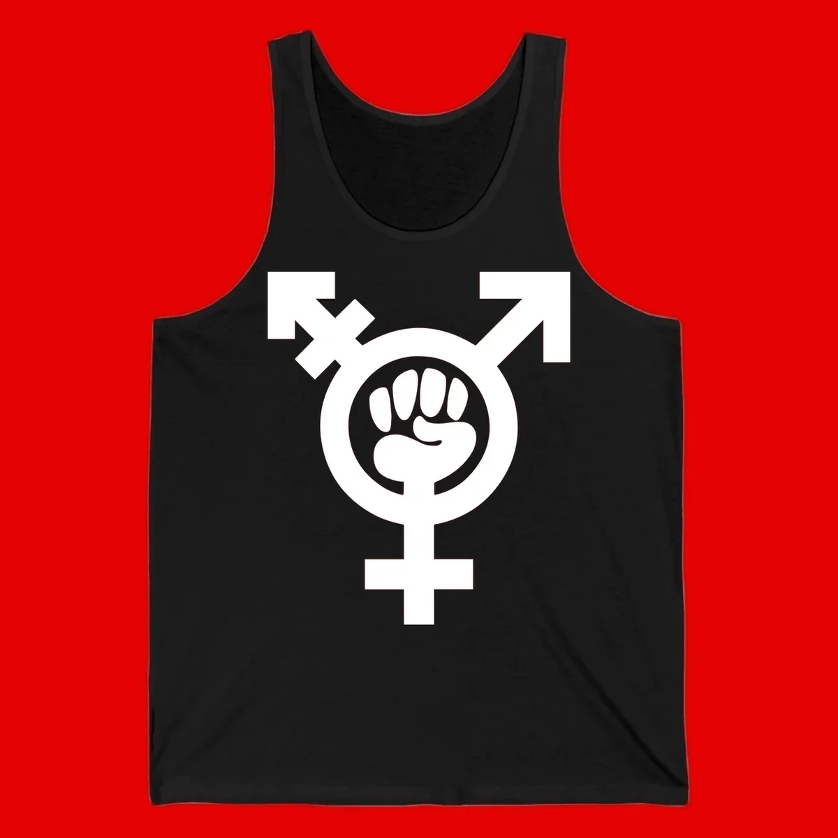 Feminist power fist design: white raised fist merged with female symbol inside circular badge on gray background