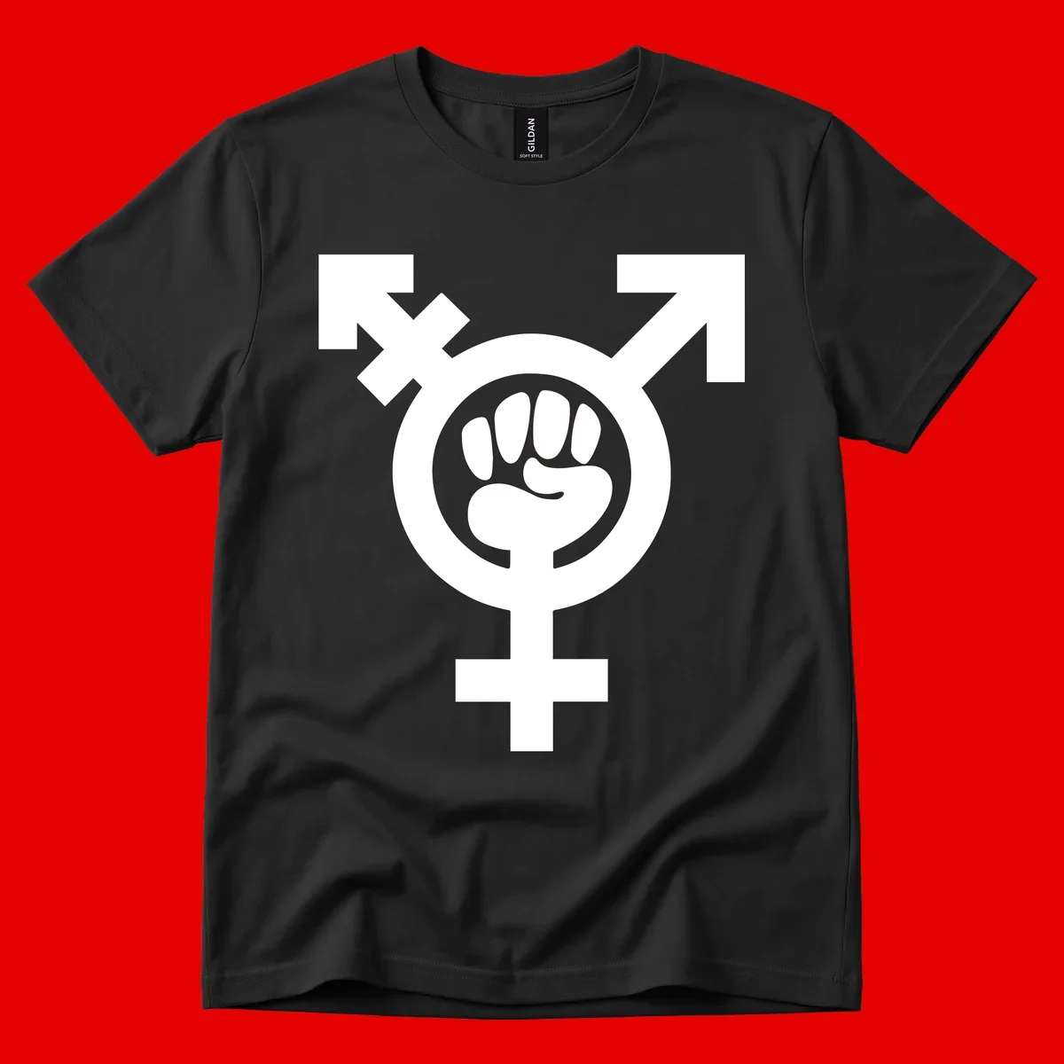 Feminist power fist design: white raised fist merged with female symbol inside circular badge on gray background