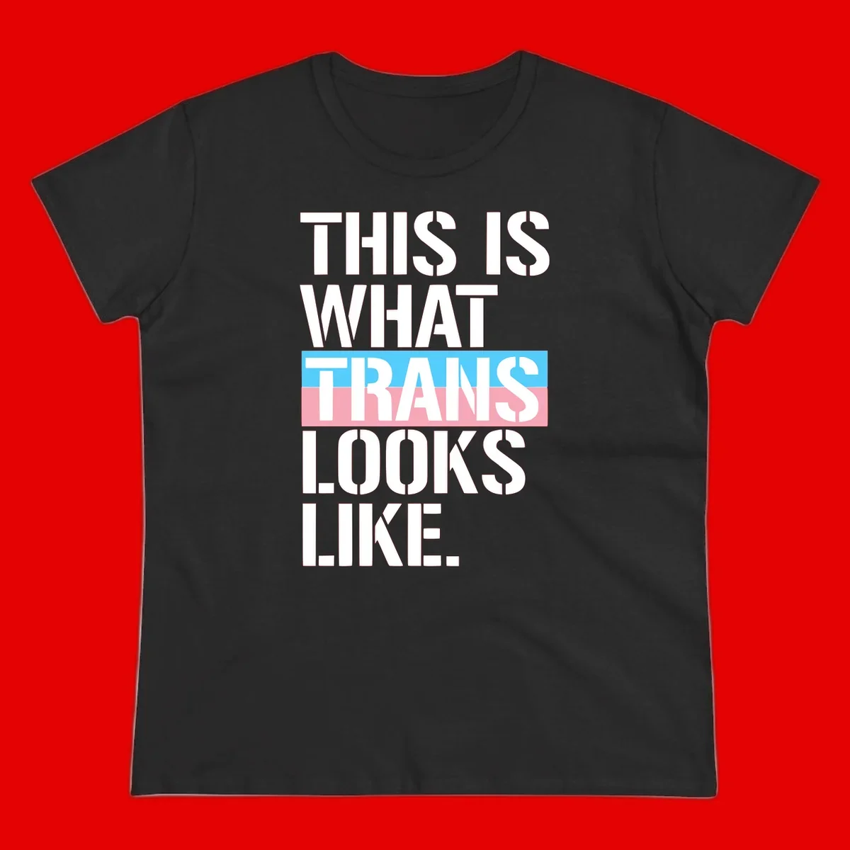 Bold typography design reading 'THIS IS WHAT TRANS LOOKS LIKE' with trans pride flag colors in blue and pink stripe