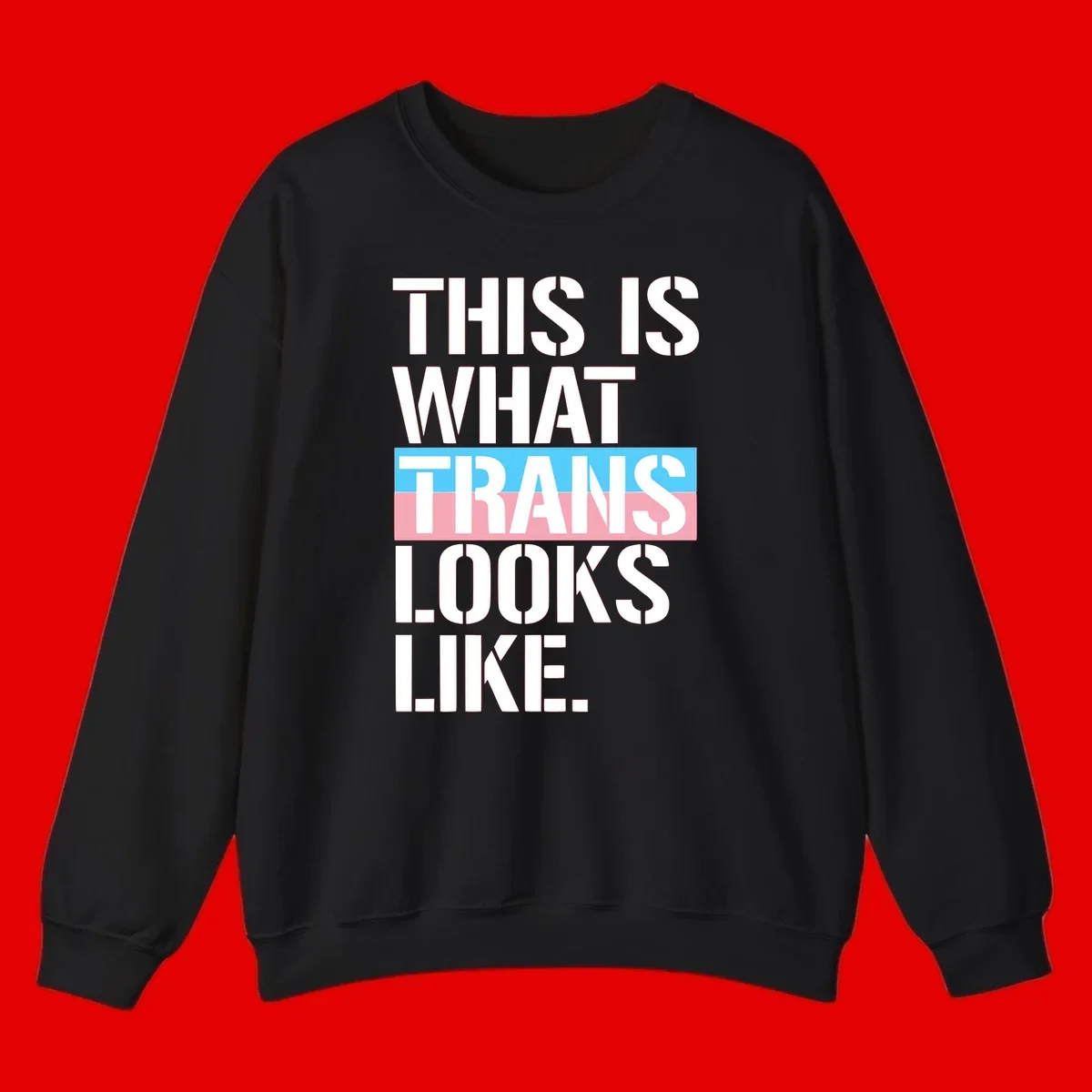 Bold typography design reading 'THIS IS WHAT TRANS LOOKS LIKE' with trans pride flag colors in blue and pink stripe
