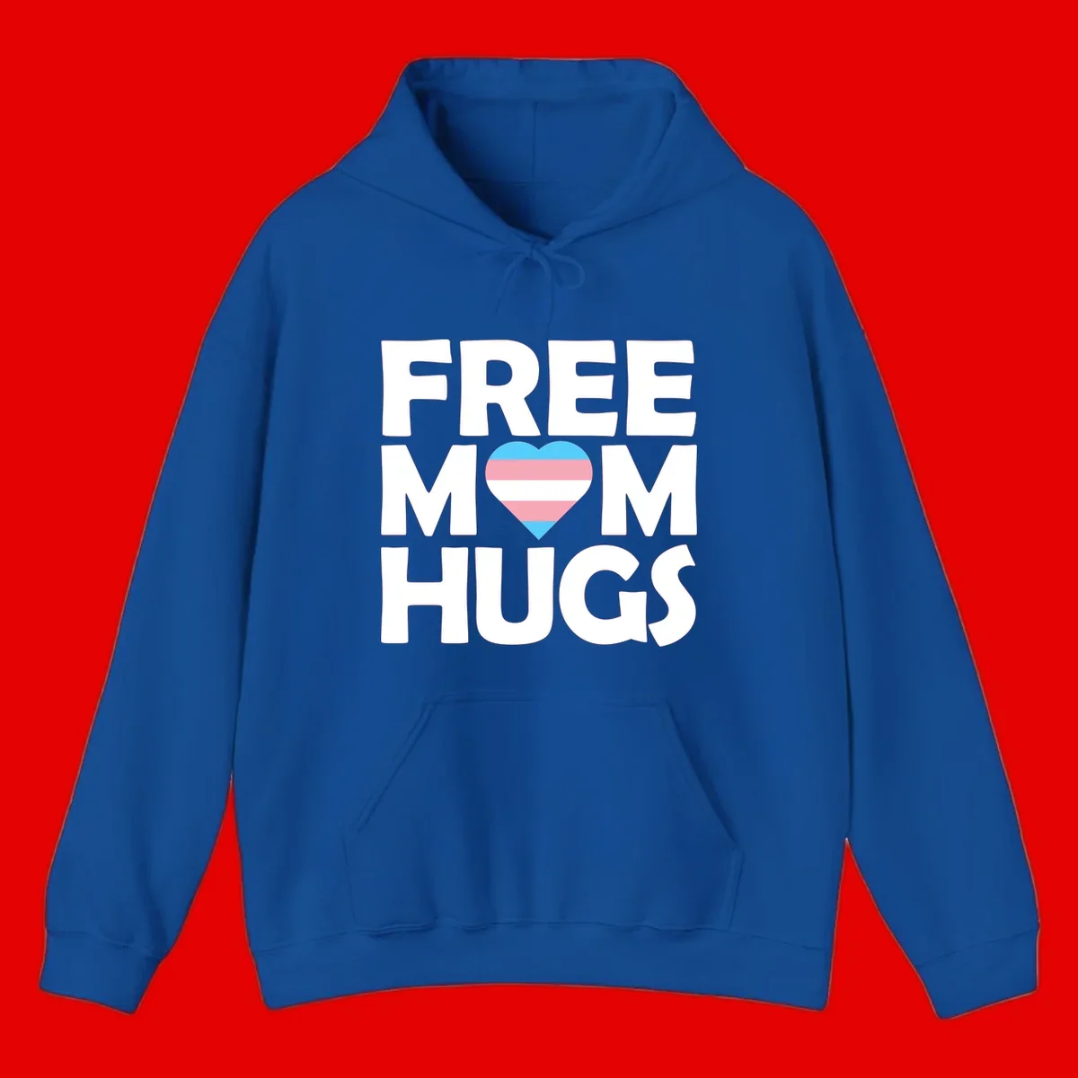 Free mom hugs pride design with striped heart in trans flag colors (blue, pink, white) and bold block lettering