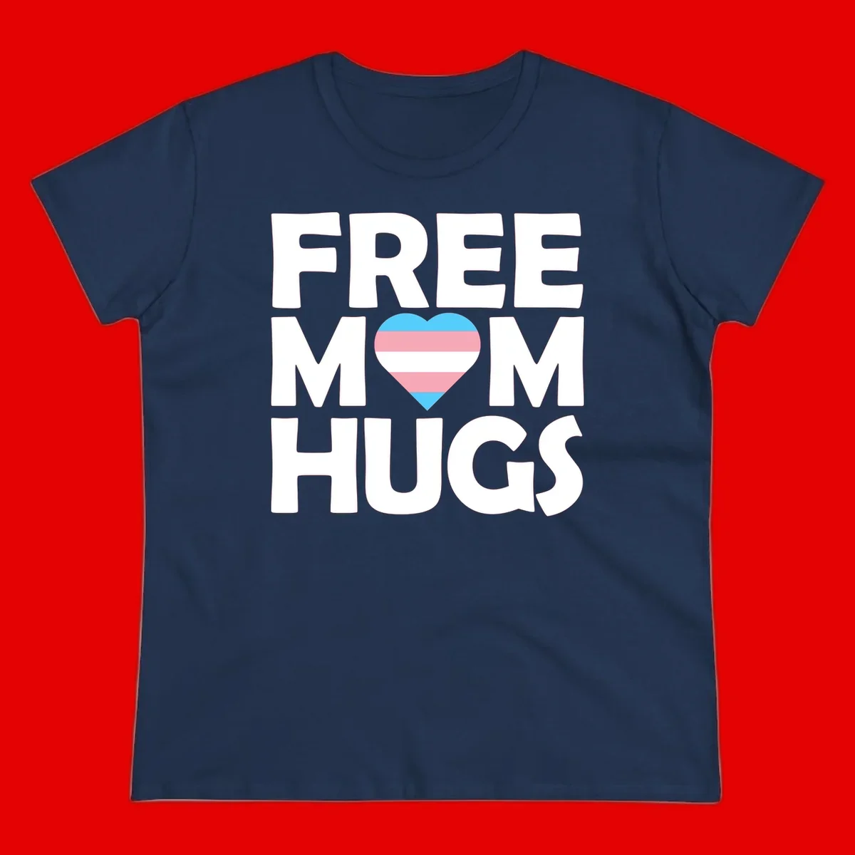 Free mom hugs pride design with striped heart in trans flag colors (blue, pink, white) and bold block lettering