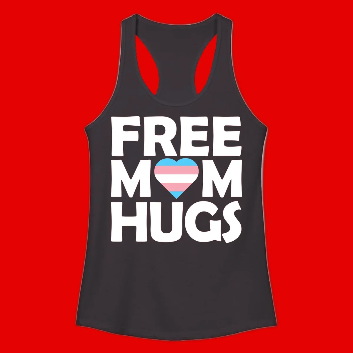 Free mom hugs pride design with striped heart in trans flag colors (blue, pink, white) and bold block lettering