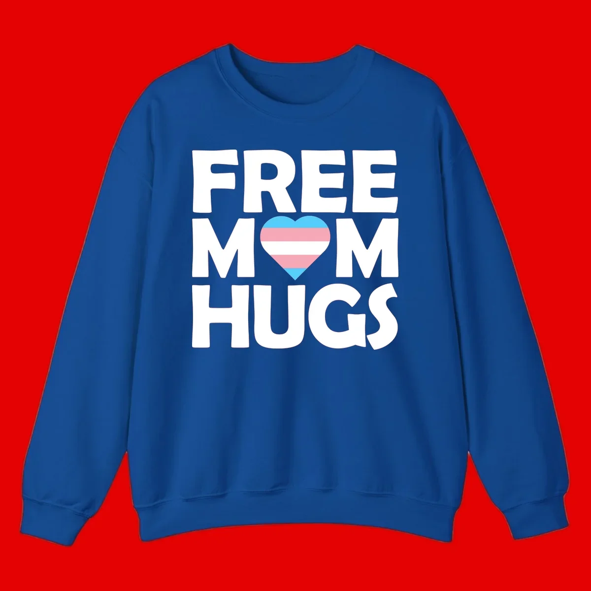 Free mom hugs pride design with striped heart in trans flag colors (blue, pink, white) and bold block lettering