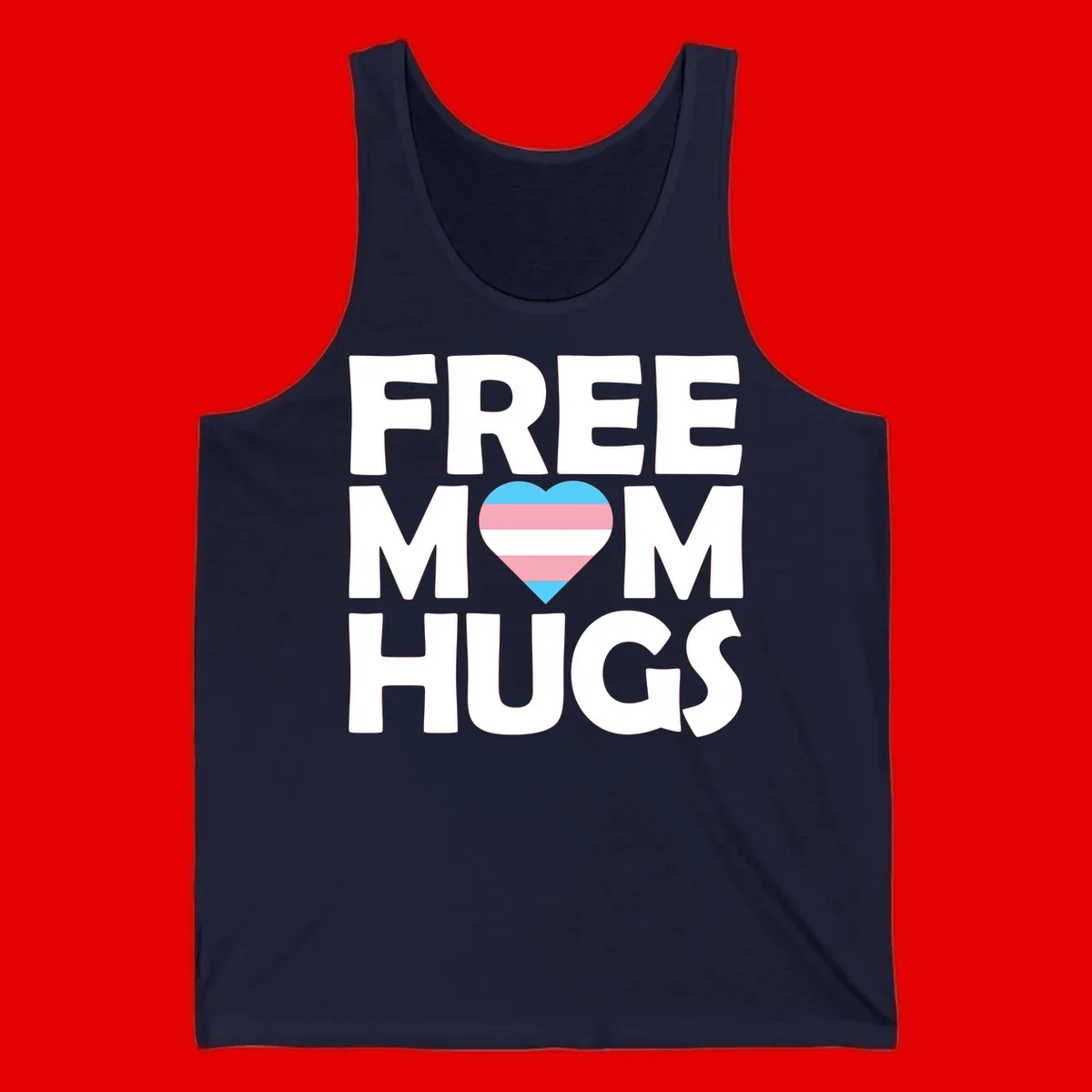 Free mom hugs pride design with striped heart in trans flag colors (blue, pink, white) and bold block lettering