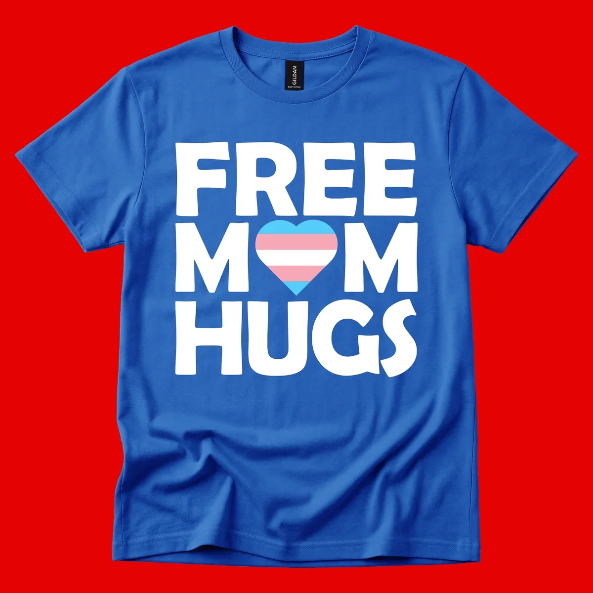 Free mom hugs pride design with striped heart in trans flag colors (blue, pink, white) and bold block lettering