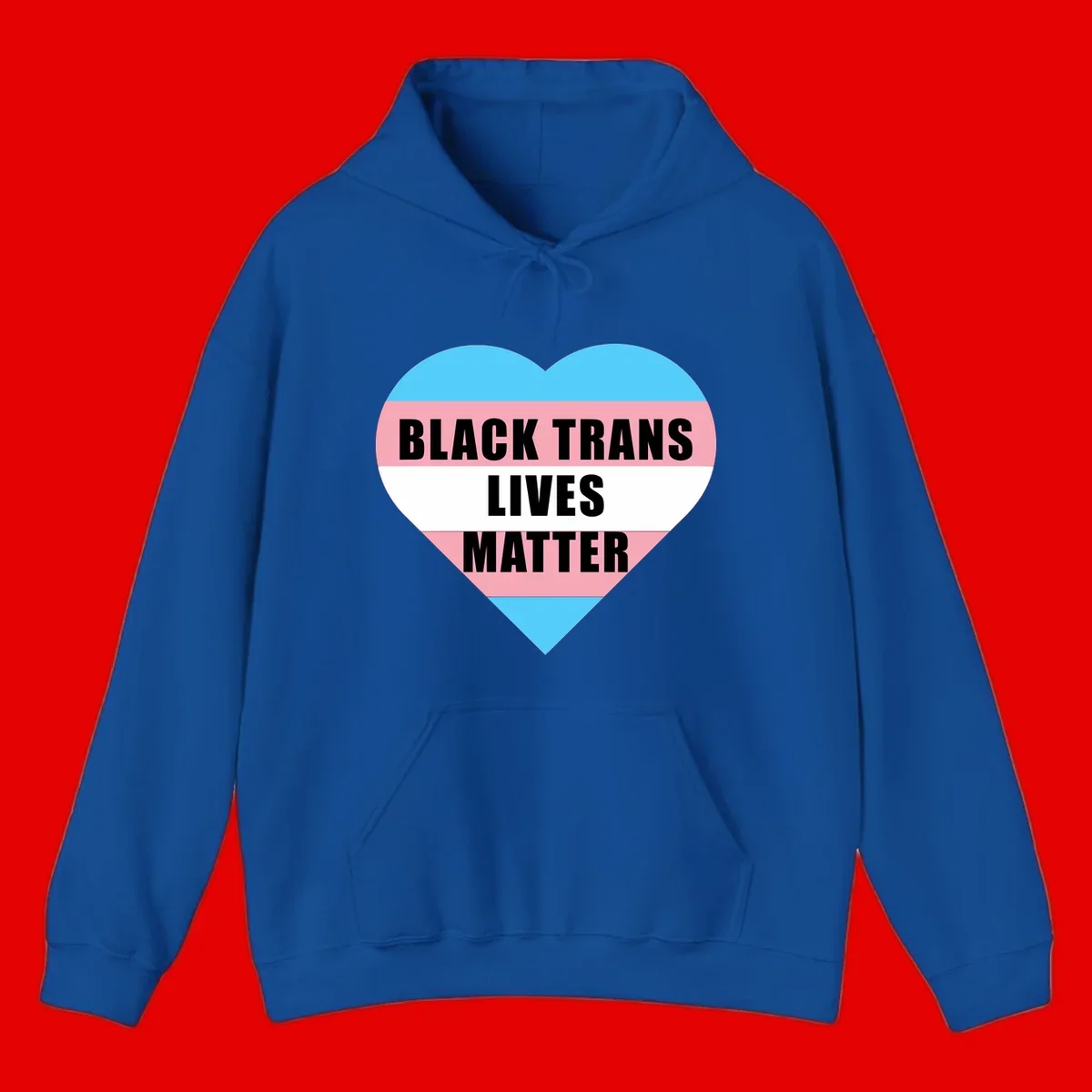 Heart-shaped design with trans flag stripes (blue, pink, white) and bold text reading 'BLACK TRANS LIVES MATTER'