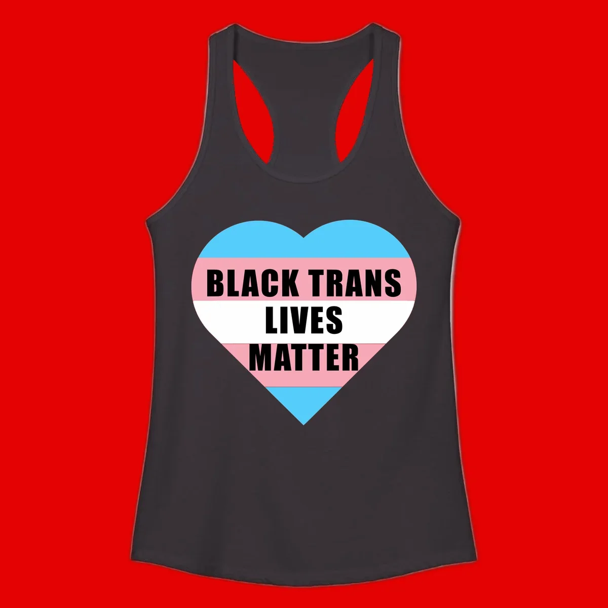 Heart-shaped design with trans flag stripes (blue, pink, white) and bold text reading 'BLACK TRANS LIVES MATTER'