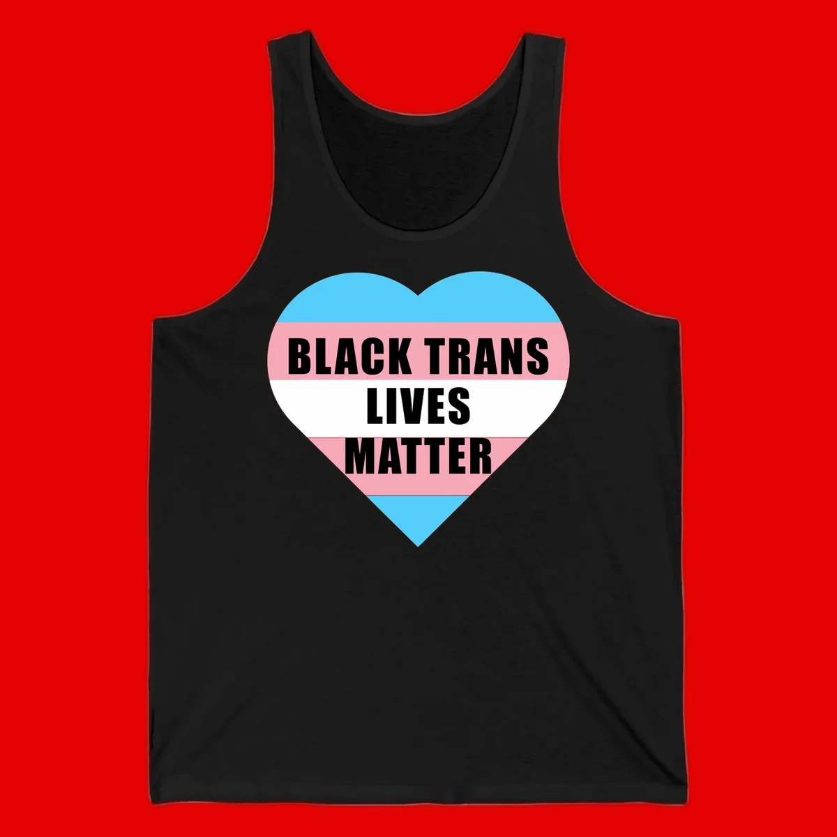 Heart-shaped design with trans flag stripes (blue, pink, white) and bold text reading 'BLACK TRANS LIVES MATTER'