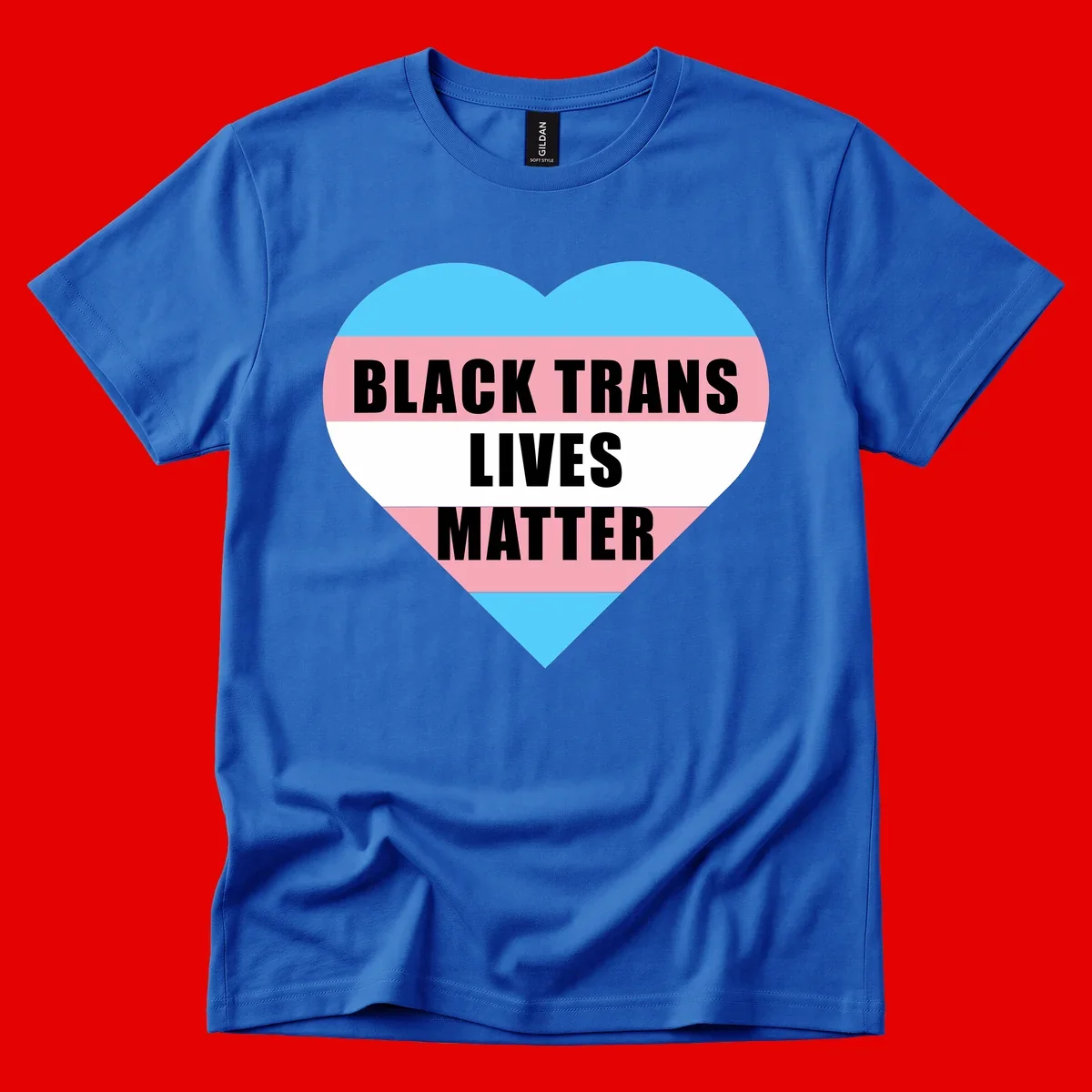 Heart-shaped design with trans flag stripes (blue, pink, white) and bold text reading 'BLACK TRANS LIVES MATTER'