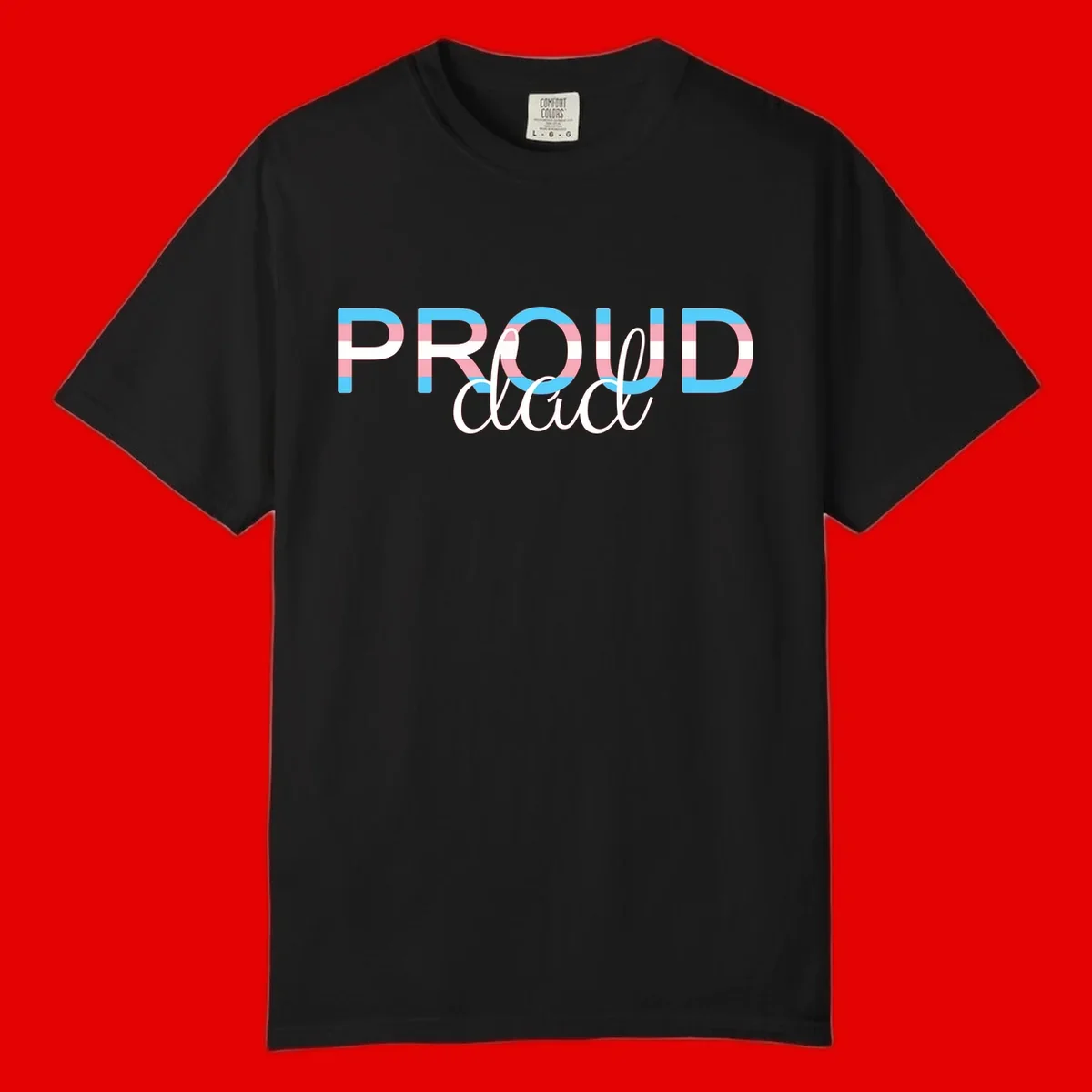 Proud and loud trans pride design with striped letters in cyan, pink, and white colors