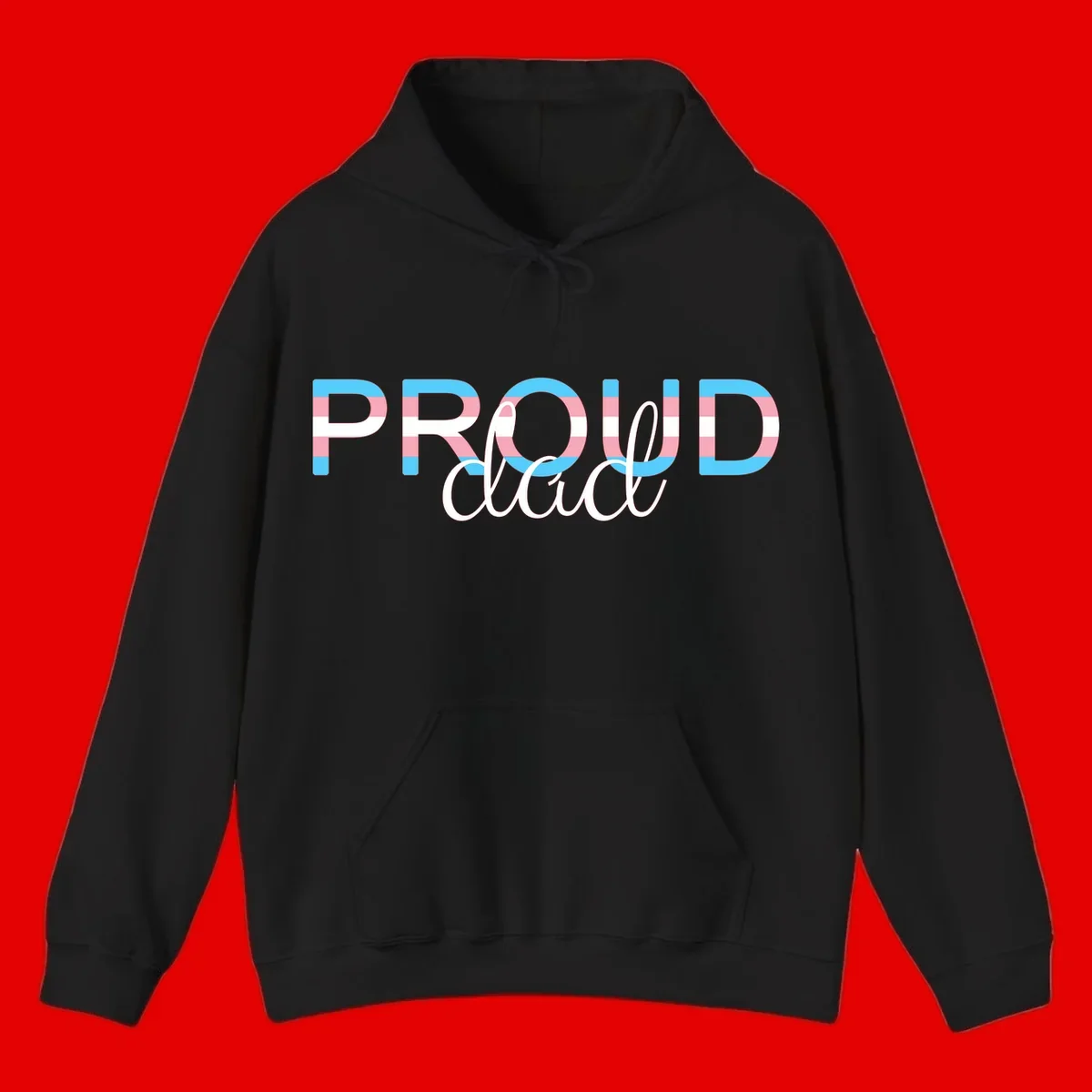Proud and loud trans pride design with striped letters in cyan, pink, and white colors