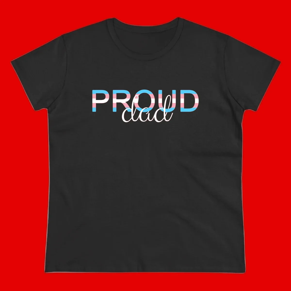 Proud and loud trans pride design with striped letters in cyan, pink, and white colors