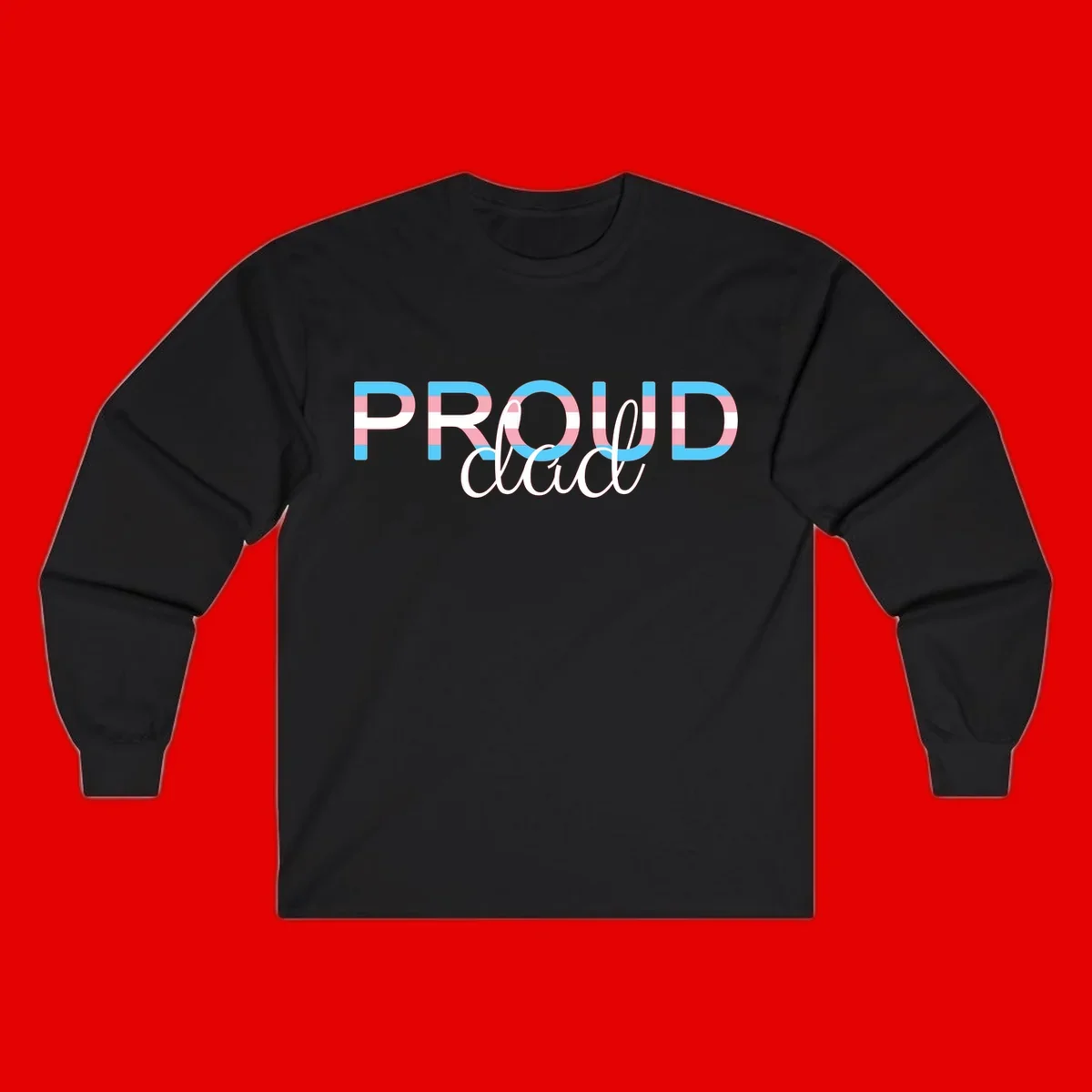 Proud and loud trans pride design with striped letters in cyan, pink, and white colors
