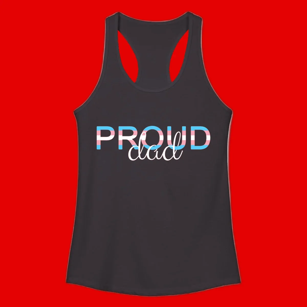 Proud and loud trans pride design with striped letters in cyan, pink, and white colors