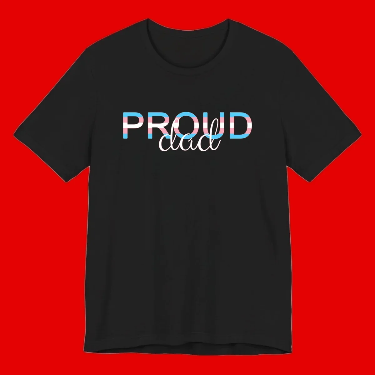 Proud and loud trans pride design with striped letters in cyan, pink, and white colors