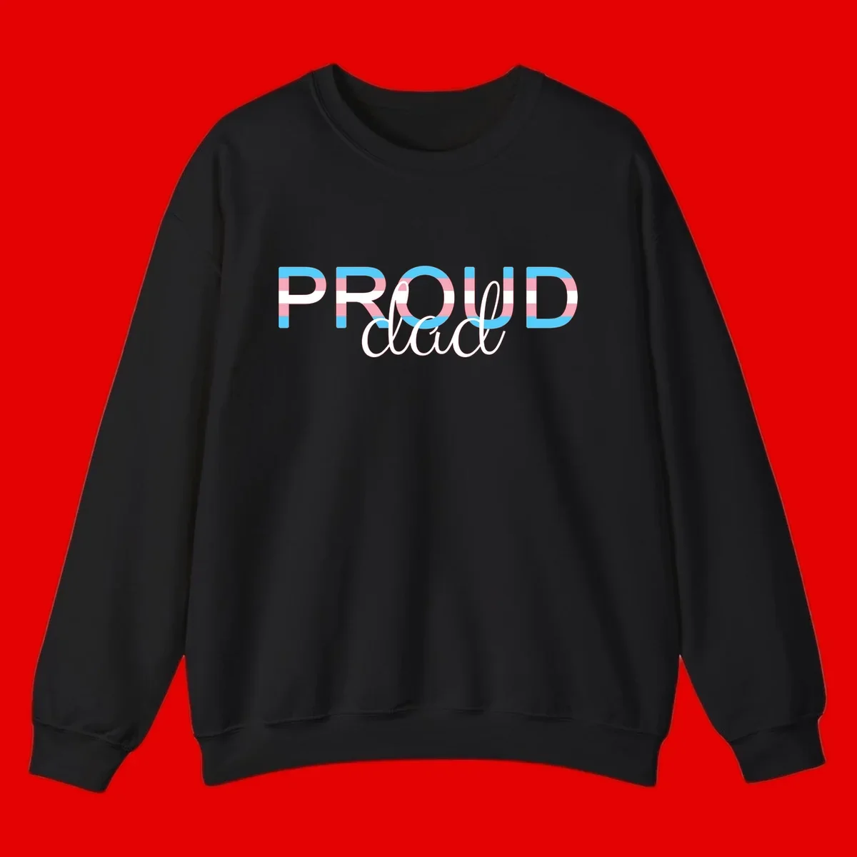 Proud and loud trans pride design with striped letters in cyan, pink, and white colors
