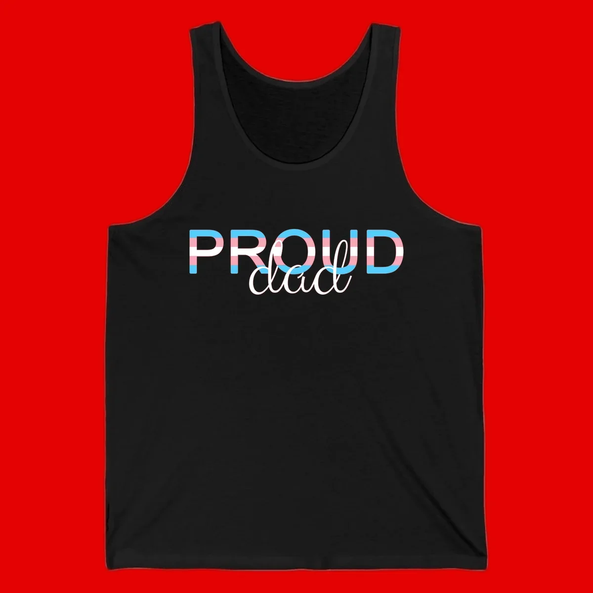 Proud and loud trans pride design with striped letters in cyan, pink, and white colors