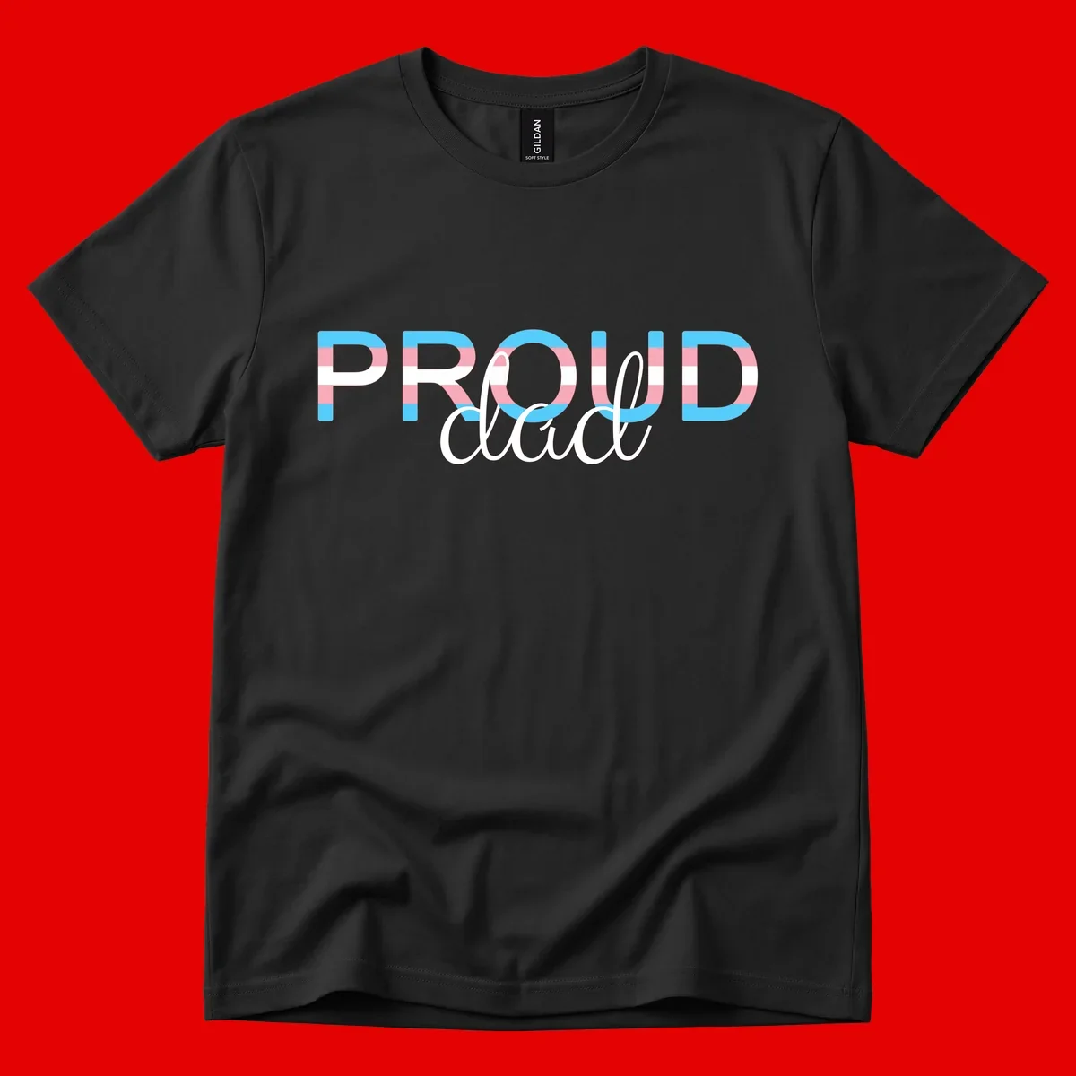 Proud and loud trans pride design with striped letters in cyan, pink, and white colors