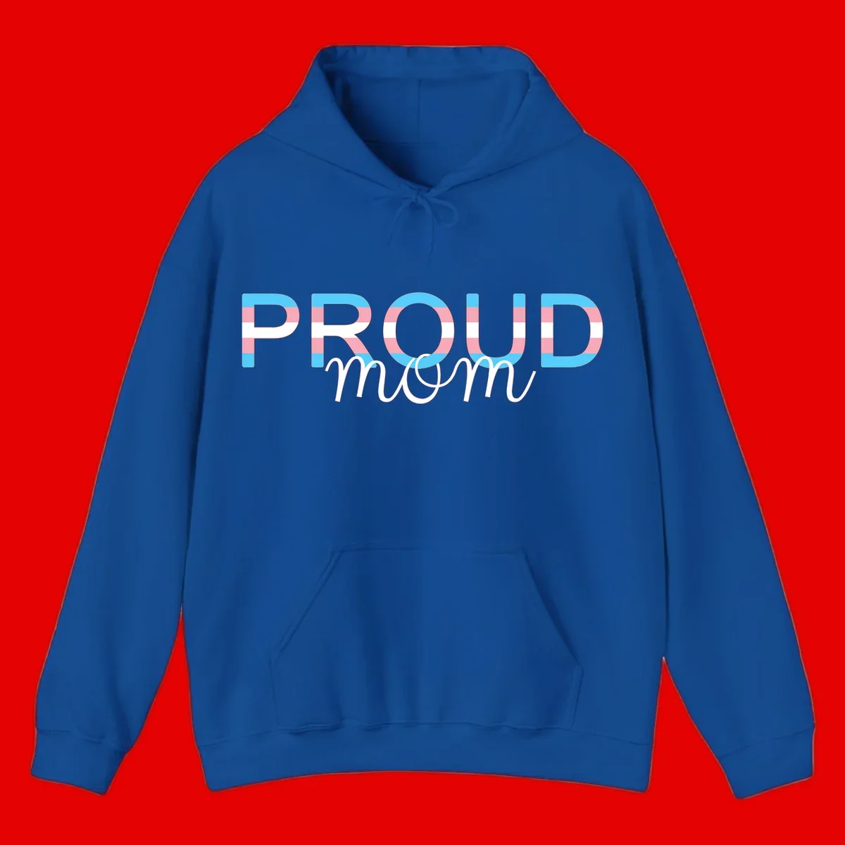 Proud mom pride design with bold striped rainbow letters in cyan, pink, and white on gray background