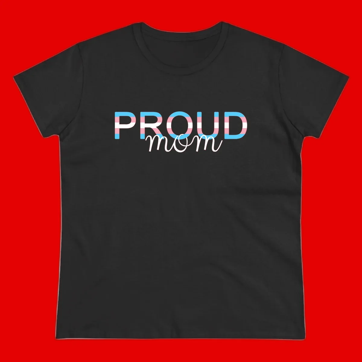 Proud mom pride design with bold striped rainbow letters in cyan, pink, and white on gray background