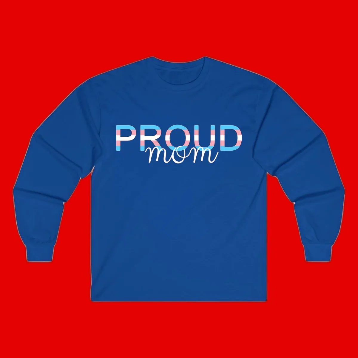 Proud mom pride design with bold striped rainbow letters in cyan, pink, and white on gray background