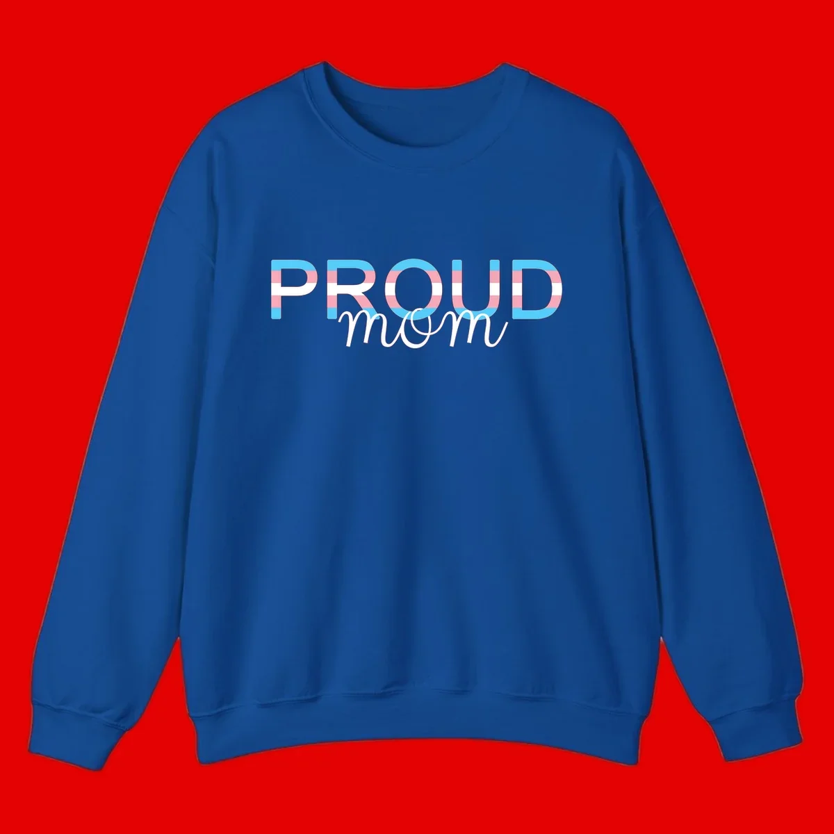 Proud mom pride design with bold striped rainbow letters in cyan, pink, and white on gray background